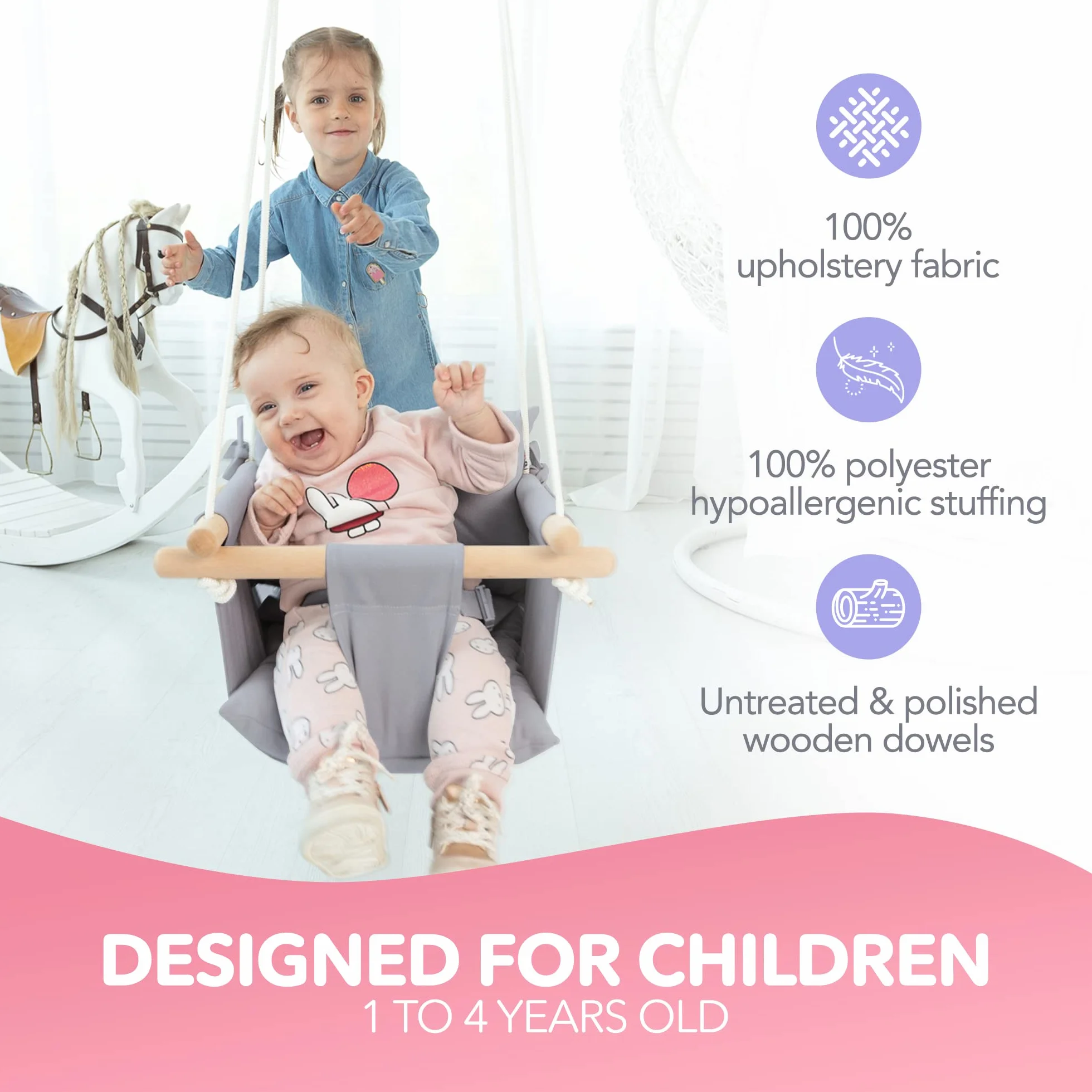 Balançoire pour bébé en Toile Suspendue en Bois avec Ceinture de sécurité Chaise hamac Durable Gris Taupe