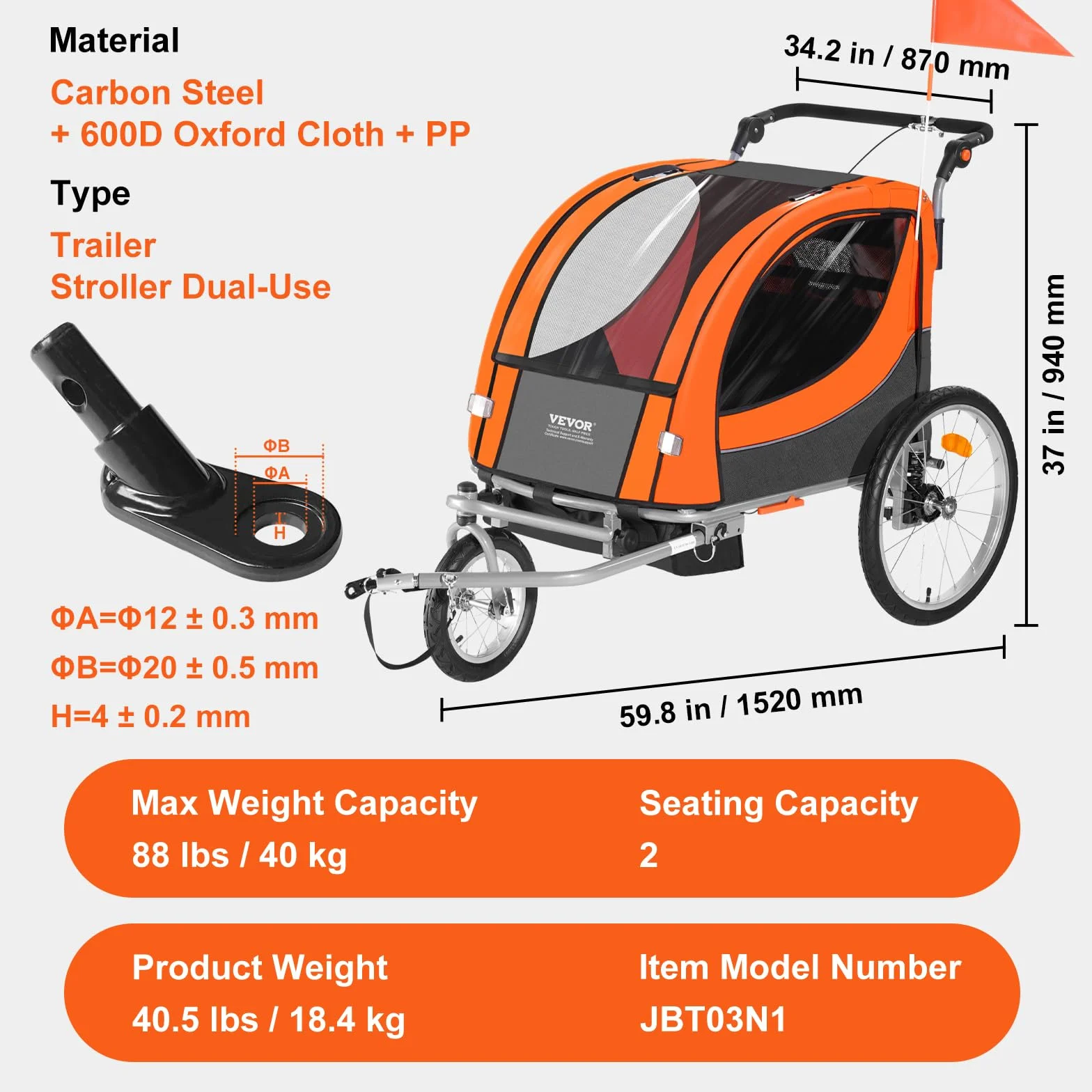 VEVOR Remorque vélo enfants double siège 40 kg 2en1 poussette pliable attelage universel Orange Gris
