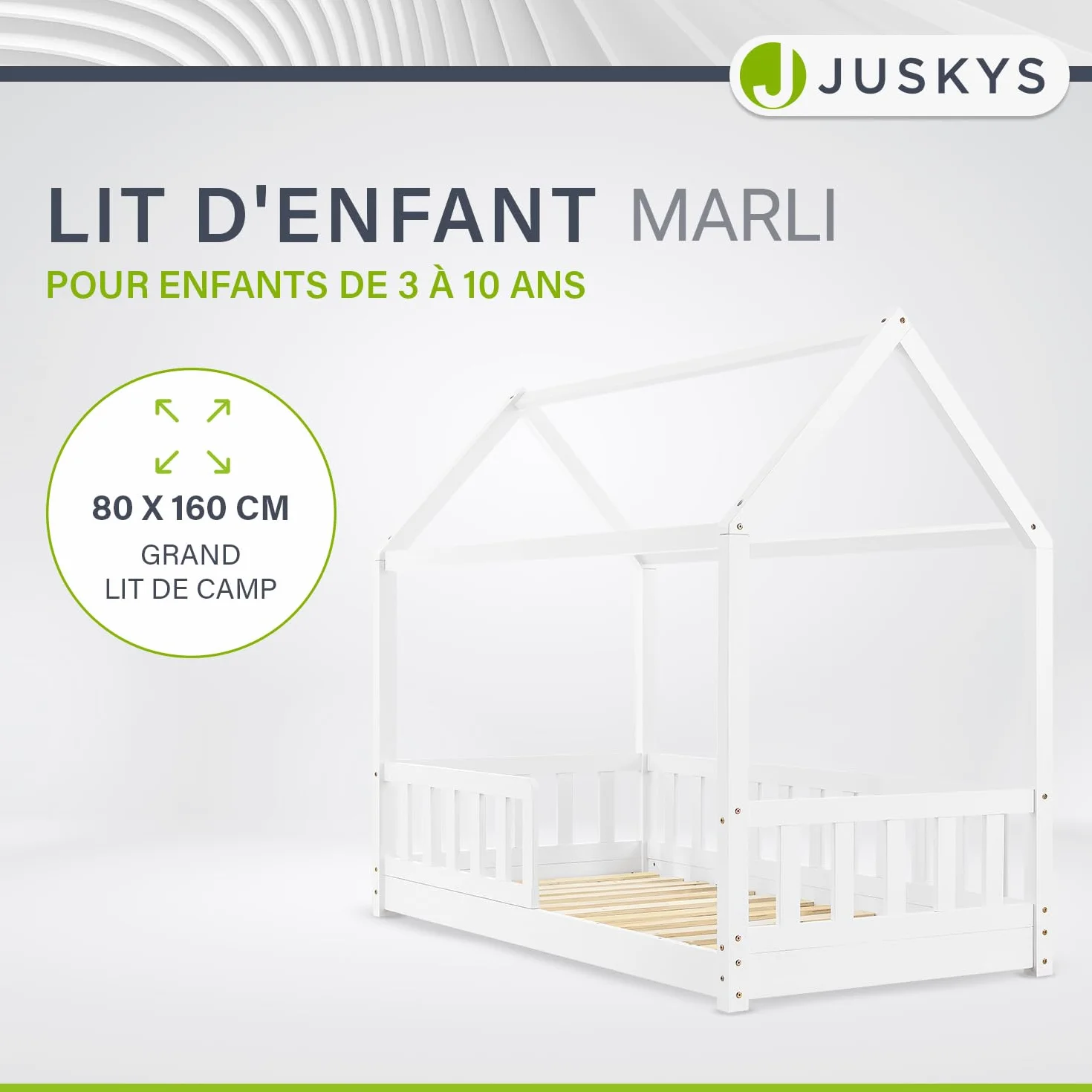 Juskys Lit Cabane Enfant Marli 80x160 cm Bois Massif Blanc avec Protection Antichute