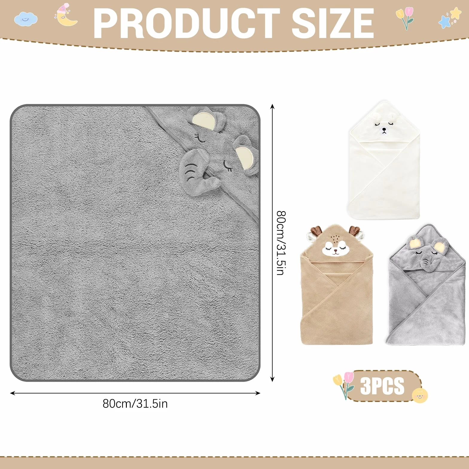 Serviette de Bain à Capuche Bébé Polaire Corail 80x80 cm Lot de 3 Éléphant Gris