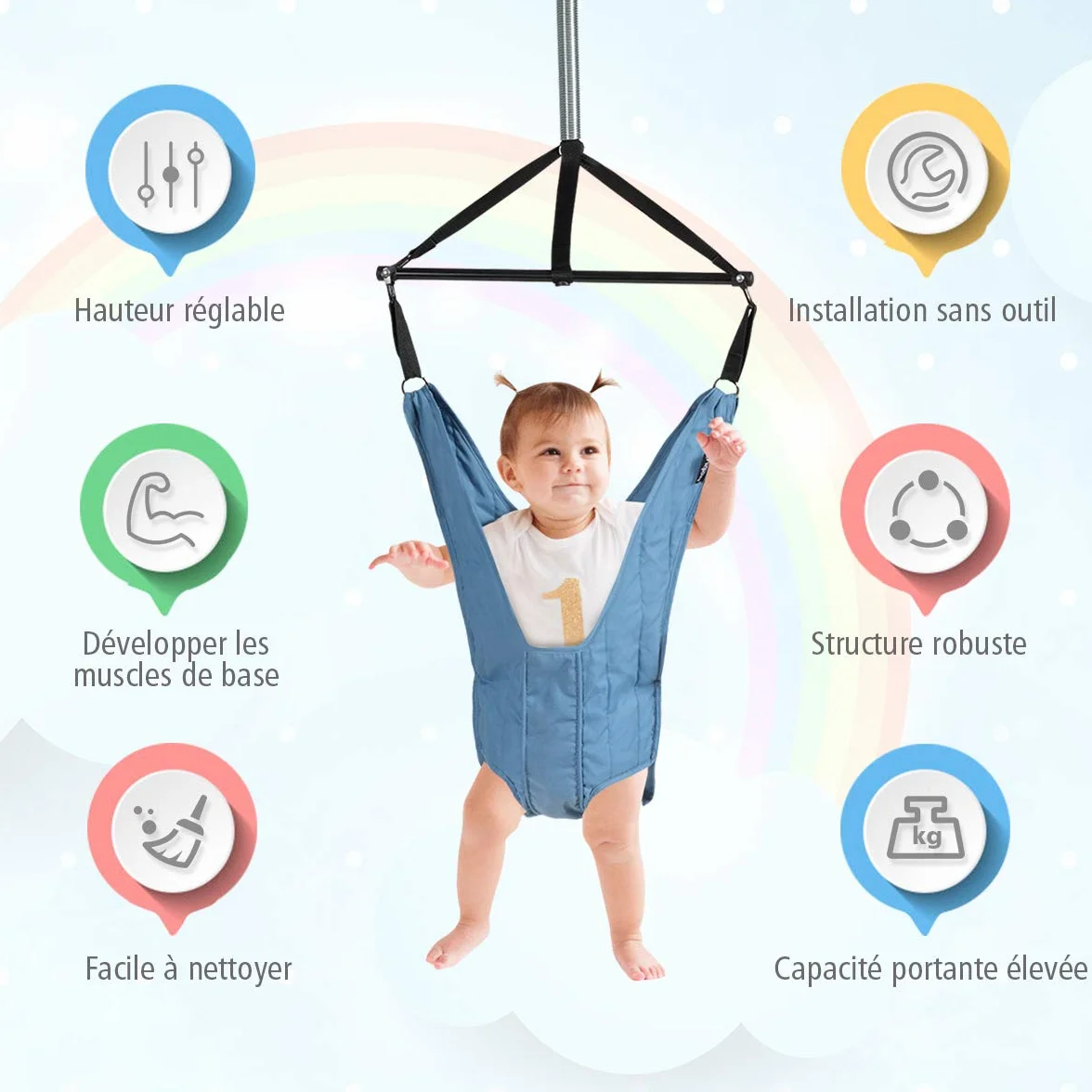 COSTWAY Siège Sauteur Suspendu Bébés 6-12 Mois Chaîne Réglable 29-93CM Tissu TC Tube Fer Charge Max. 12KG Bleu