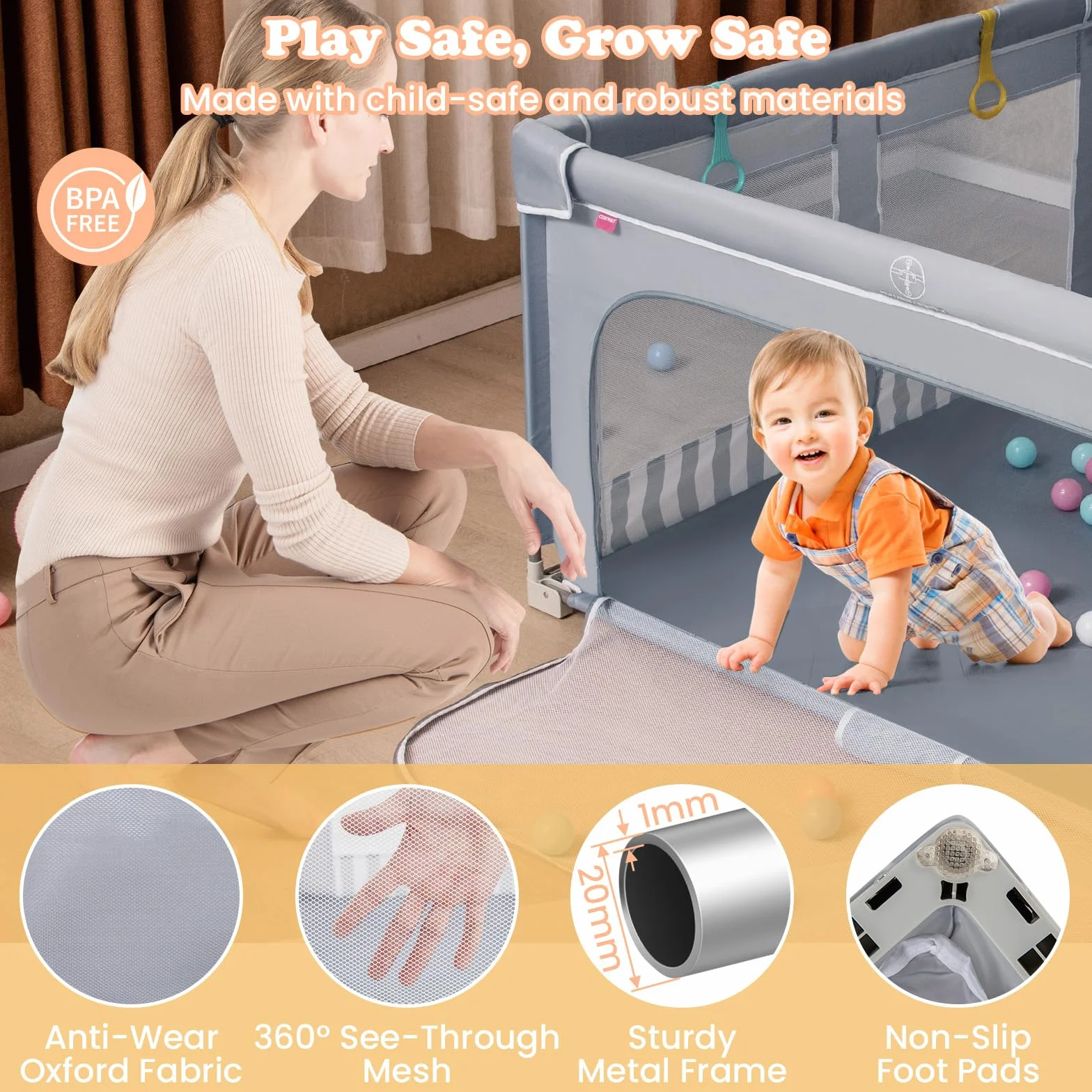 LIFEZEAL Parc Bébé Pliable 150 x 150 x 76,5 cm avec 4 Anneaux, 50 Boules, Tissu Oxford Gris