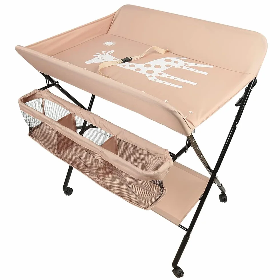 Table à Langer Pliante Amovible avec Roulettes et Panier de Rangement, Hauteur Réglable pour Bébé 80x66x98cm Rose Clair
