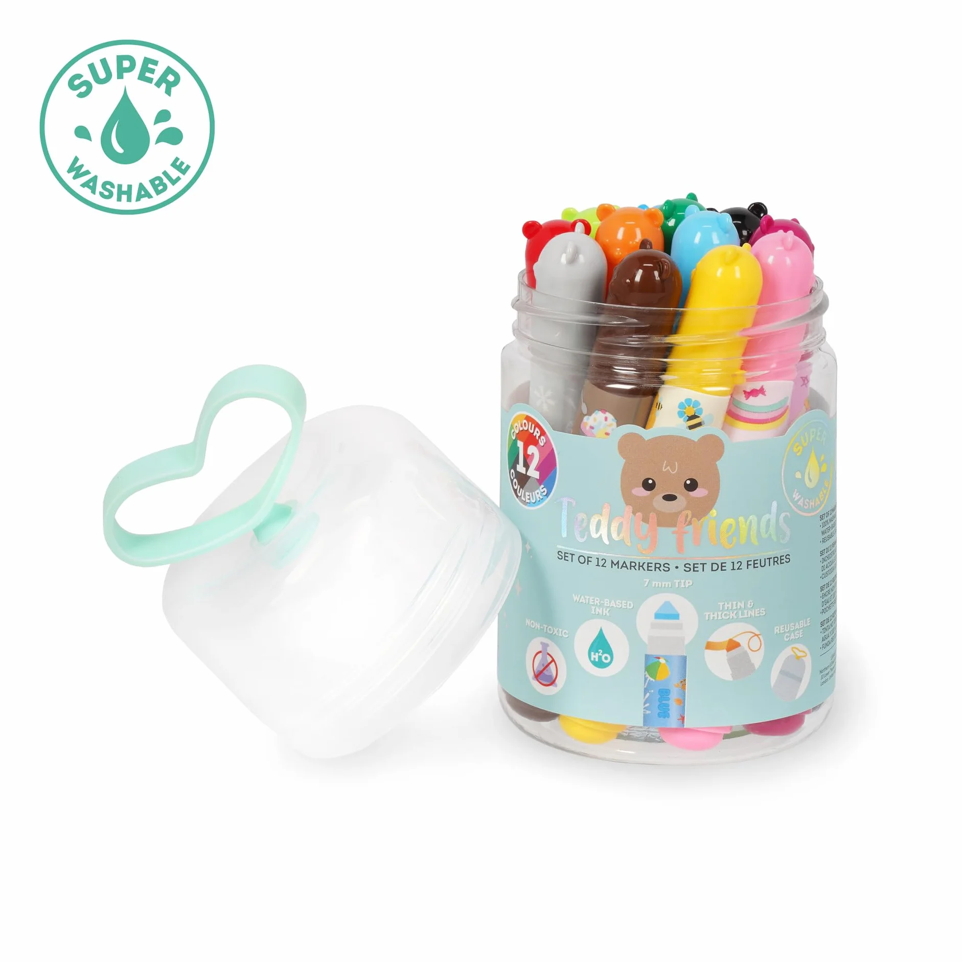 LEGAMI Lot de 12 feutres Teddy Friends lavables non toxiques pointe anti-retour traits fins et larges emballage réutilisable