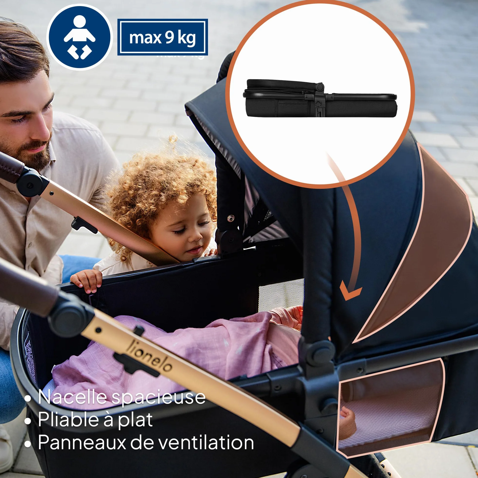 LIONELO Amber 3 in 1 poussette multifonctionnelle avec siège sport, nacelle, sac et accessoires