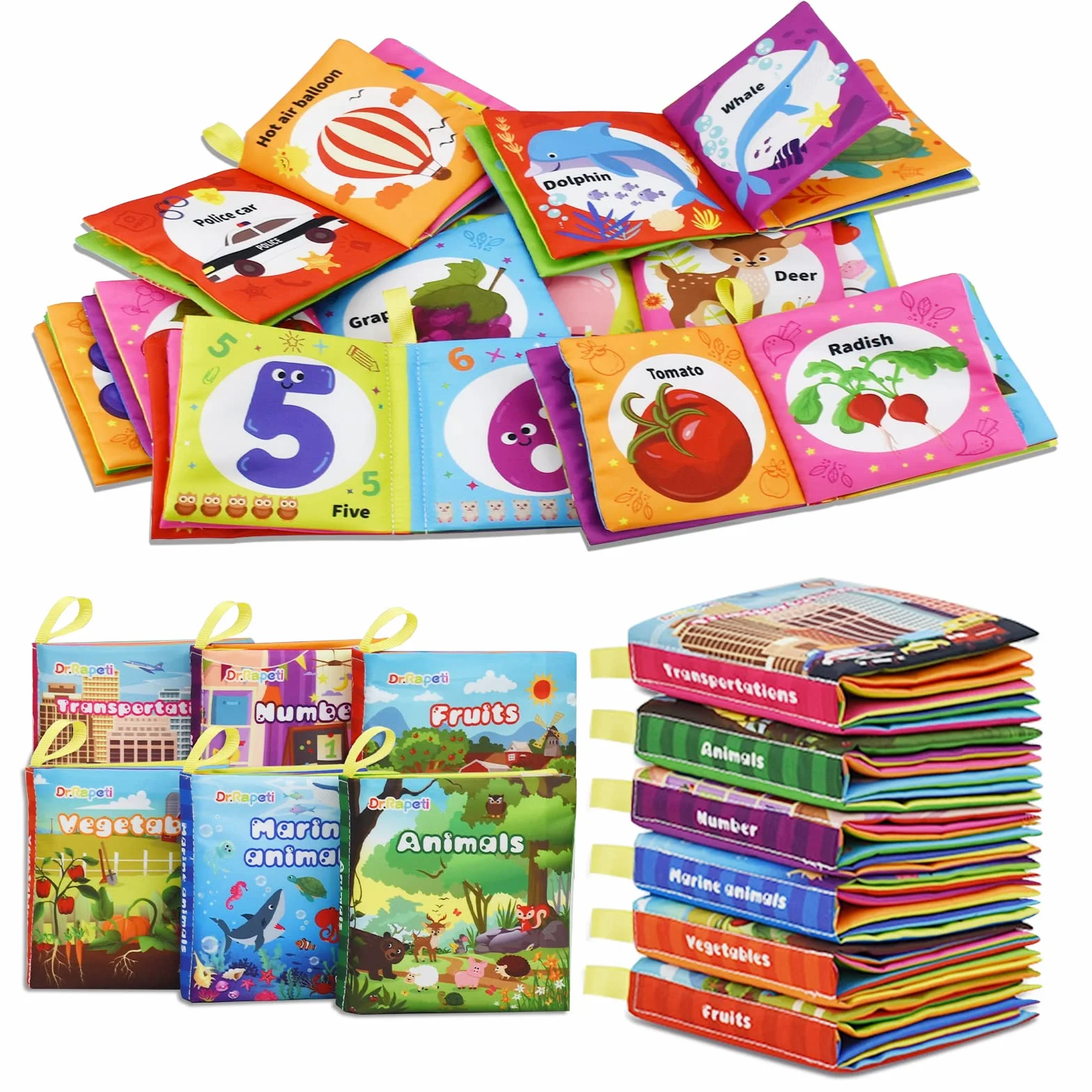 Dr.Rapeti Lot de 6 Livre Bebe en Tissu Doux, Livres D'éveil Sensoriel Sonore pour Enfants (Anglais)