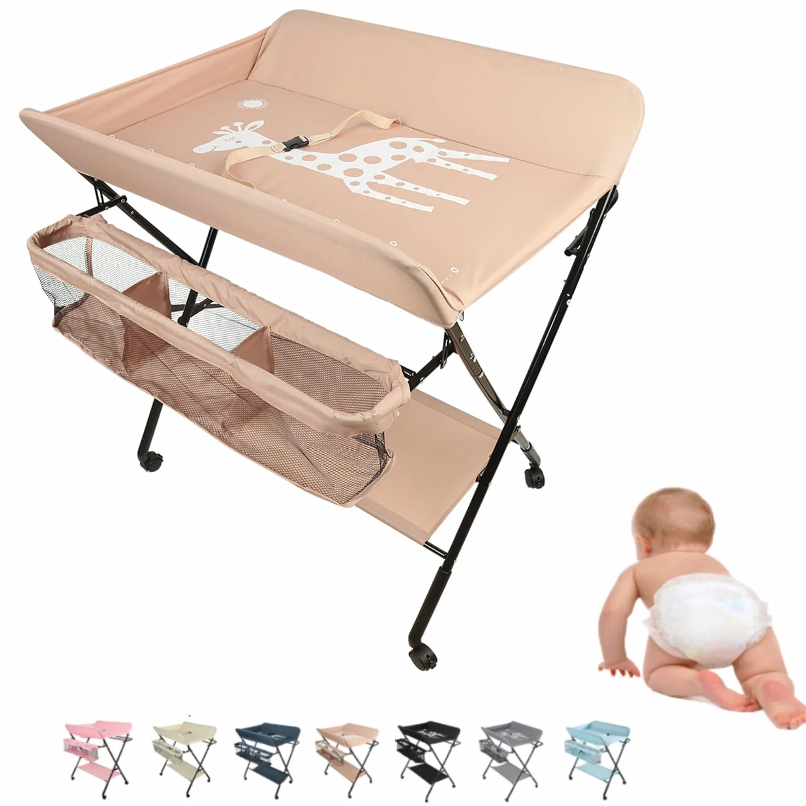 Table à Langer Pliante Amovible avec Roulettes et Panier de Rangement, Hauteur Réglable pour Bébé 80x66x98cm Rose Clair