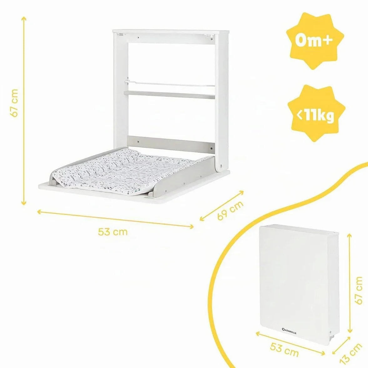 Badabulle Table à Langer Pliable Plouf - Murale Rabattable Ultra Compacte avec Matelas et Étagère