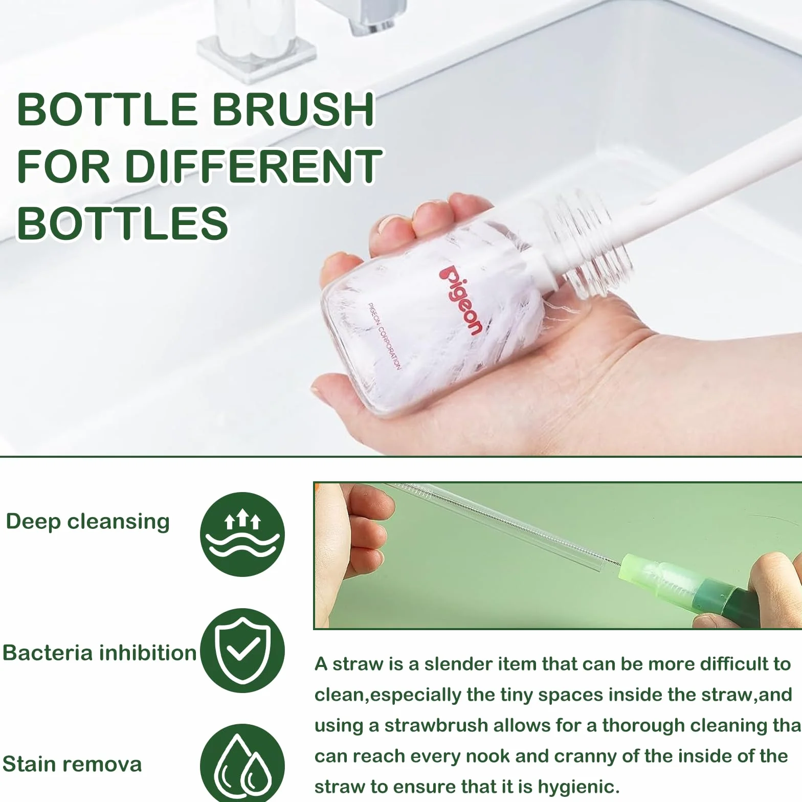 Brosse de Nettoyage Bouteille d'eau Multifonctionnelle 5 en 1 pour Biberons, Thermos, Pailles (Vert)
