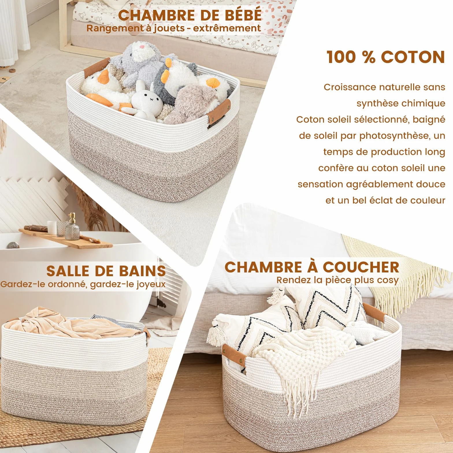 Panier de Rangement Rectangulaire 72L pour Couvertures, Jouets et Linge, Dégradé de Marron