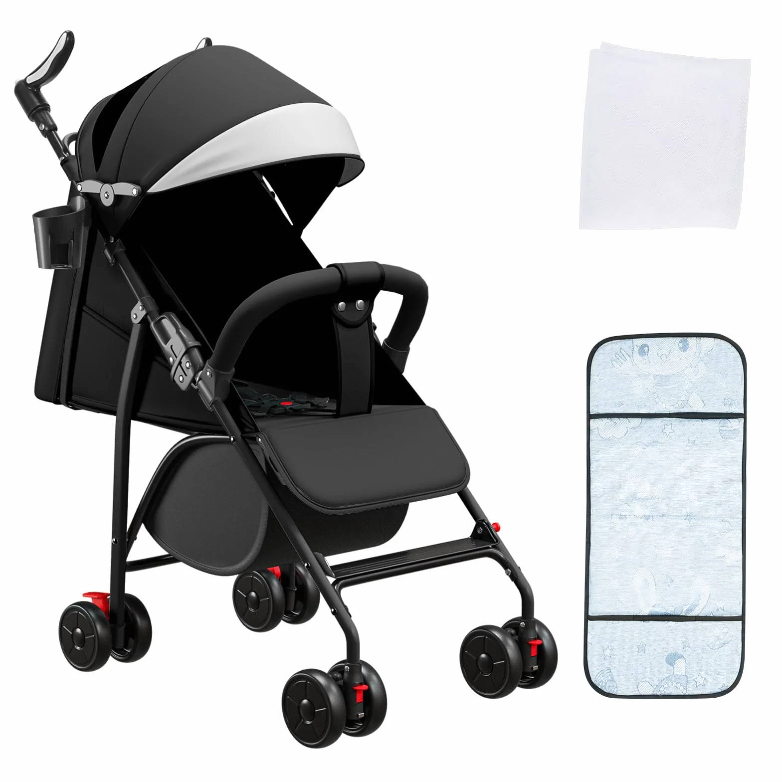 Poussette Canne Compacte 0-4 Ans Légère Pliable Une Main Dossier Inclinable Harnais 5 Points Auvent Moustiquaire 15 kg