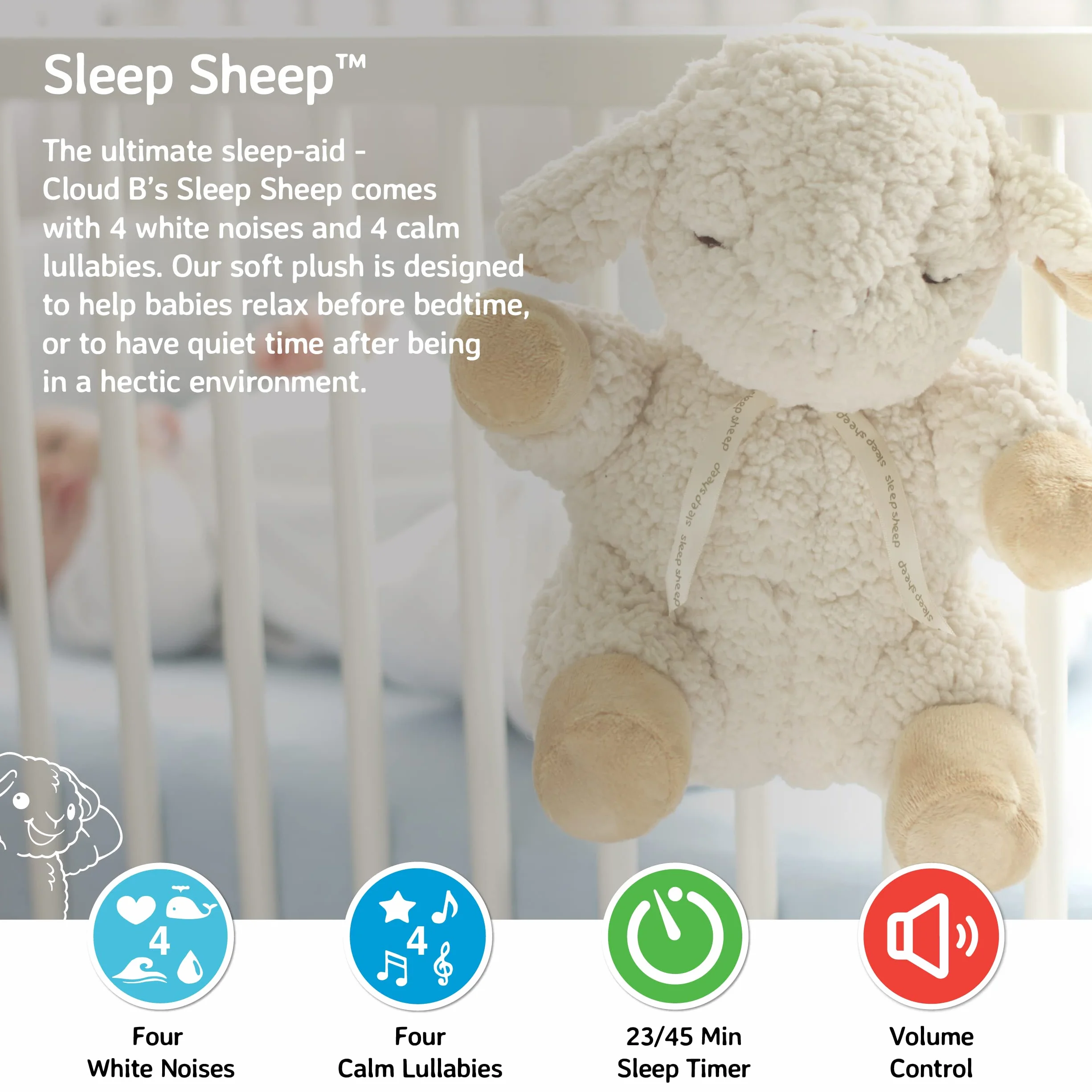 Cloud b Sleep Sheep Peluche Musicale 8 Sons Apaisants Minuteur Dès la Naissance
