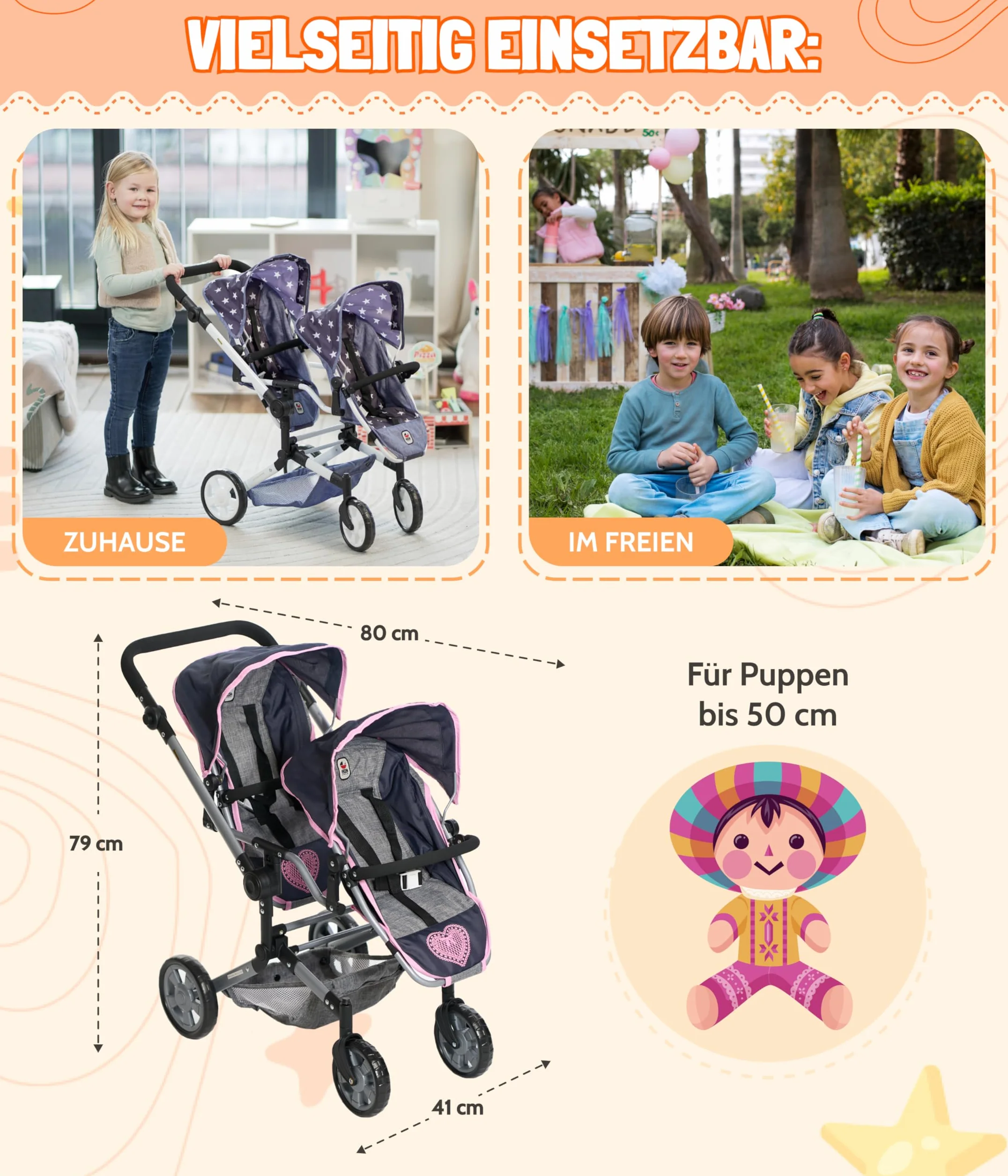 Bayer Chic 2000 Poussette de poupée Linus Duo, Poussette jumelle pour Enfants 4-8 Ans, Jean Rose