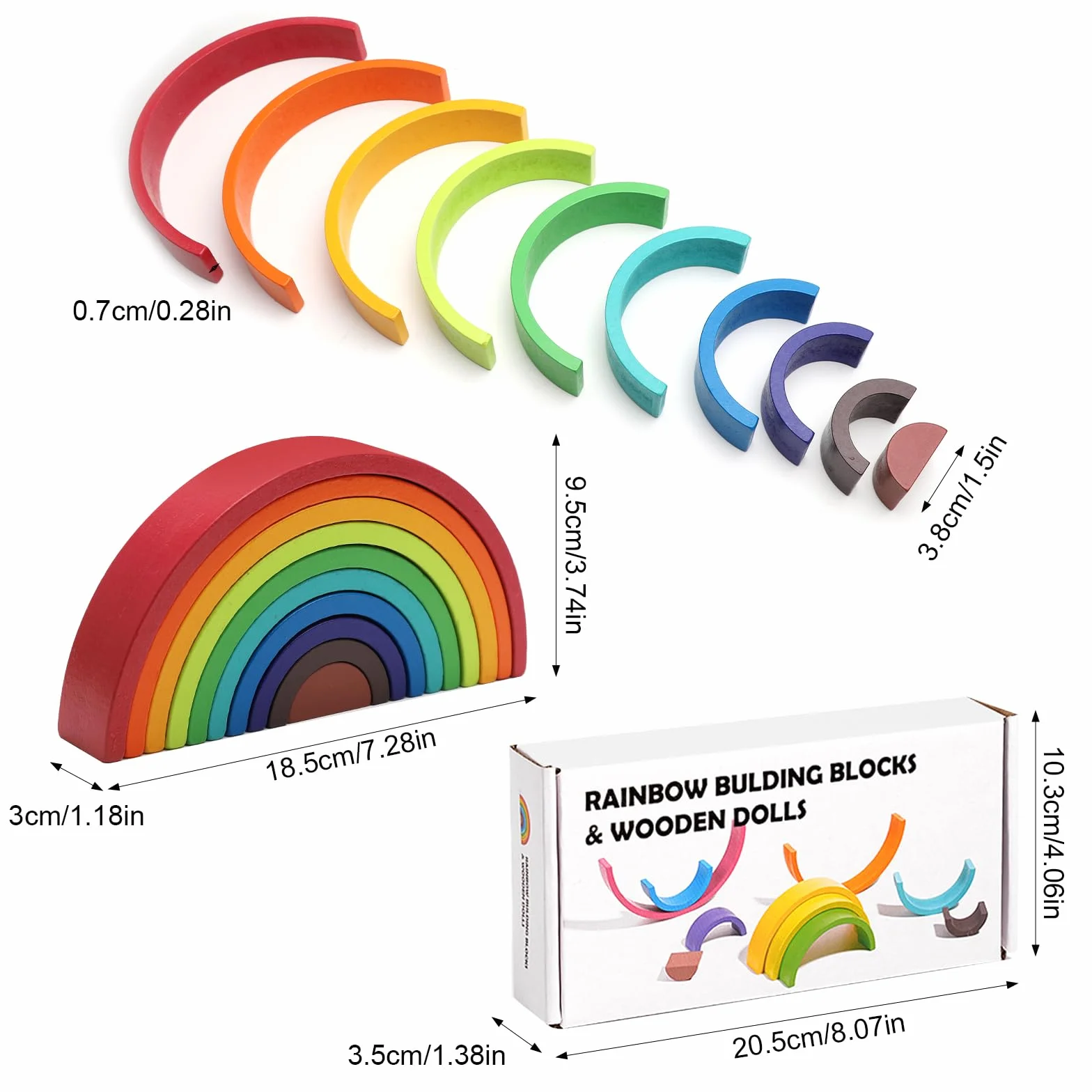 Blocs de construction en bois arc-en-ciel empilables pour enfants 10 couleurs