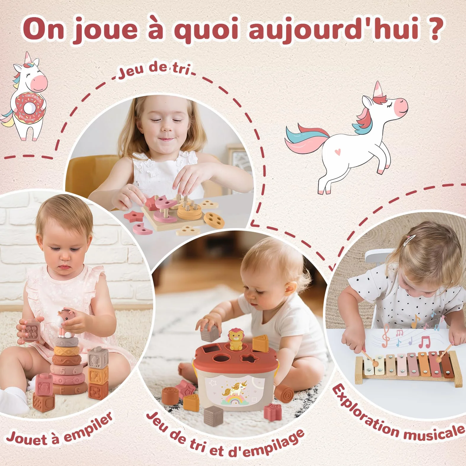 Jouet Montessori Bébé 6-12 Mois 5-en-1 Xylophone en Bois Cubes à Empiler Trieur de Formes Jouet Sensoriel Éducatif