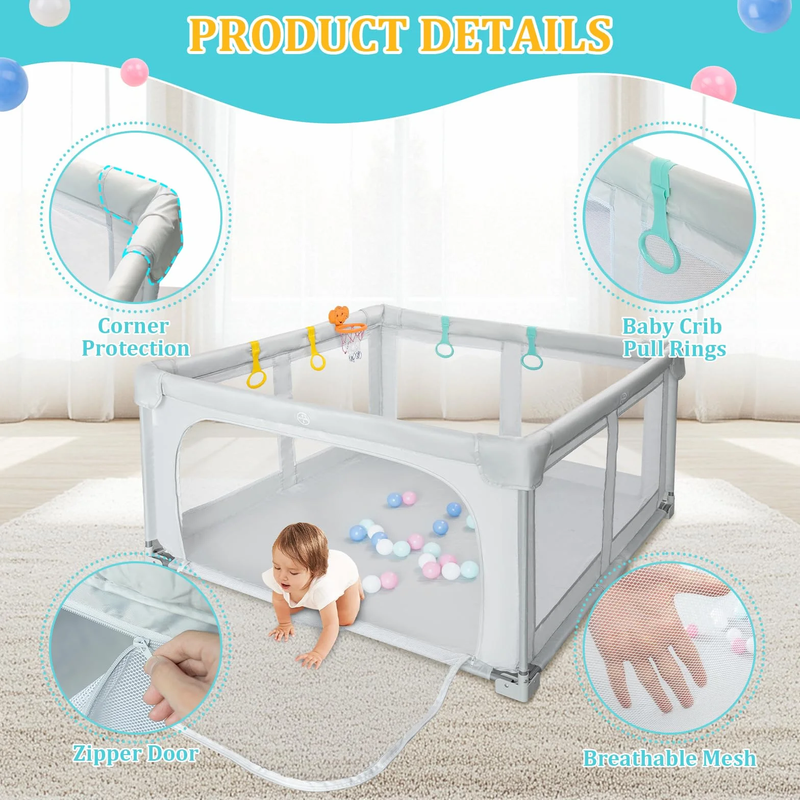 Parc Bebe Pliable 127x127cm Baby Playpen avec Sac de Voyage, 20 Boules Océaniques et 4 Poignées