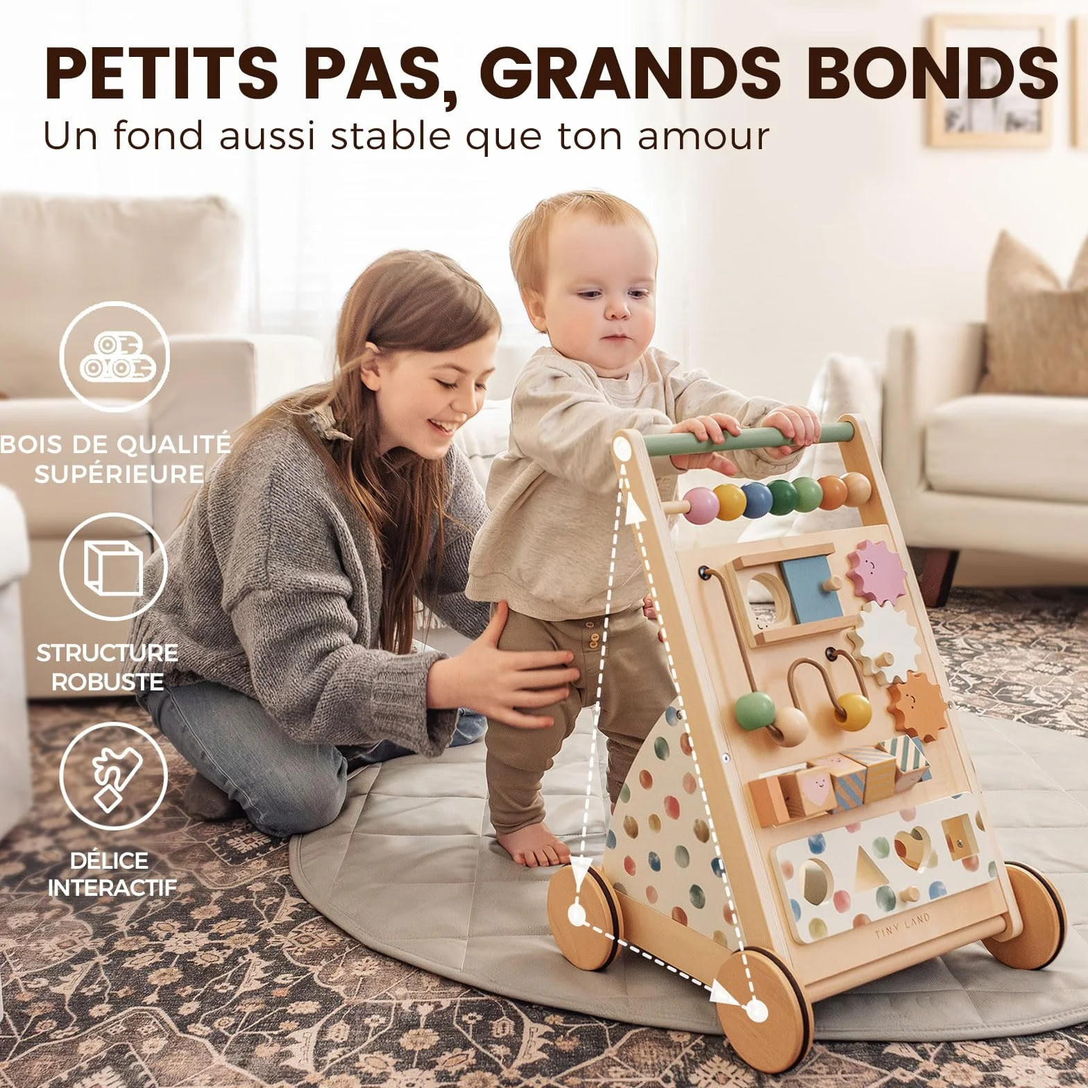 Tiny Land Trotteur en bois pour bébé - Aide à la marche avec vitesse réglable - Déambulateur et centre d'activité