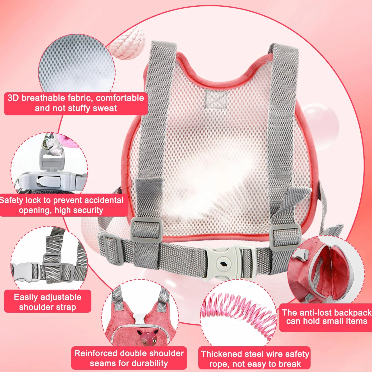 Laisse de Sécurité pour Enfants, Sac à Dos 4-en-1 avec Harnais et Poignet, 1-5 Ans