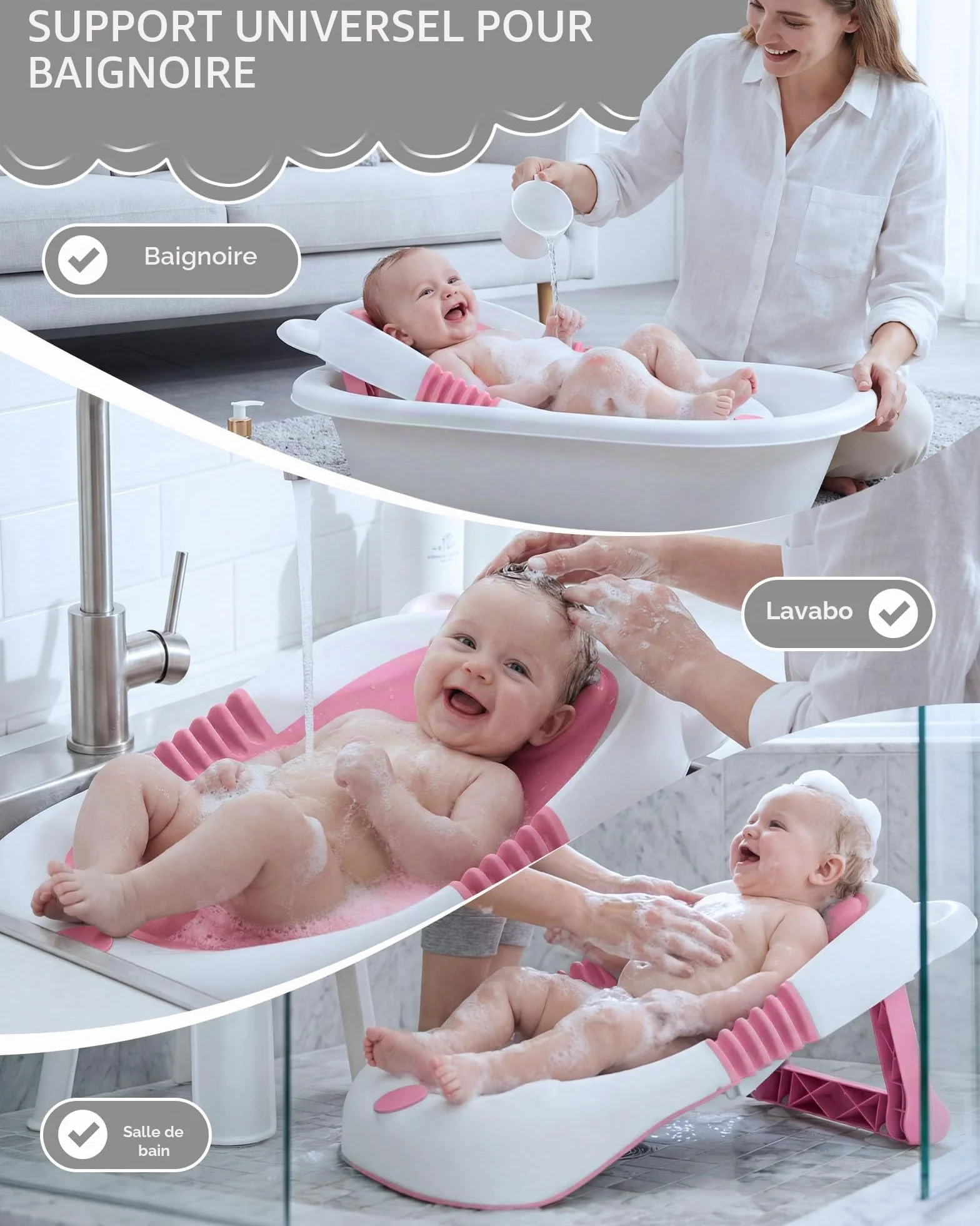 Baignoire pliable pour bébé avec support, siège de bain nouveau-nés, ventouses antidérapantes 0-6 mois
