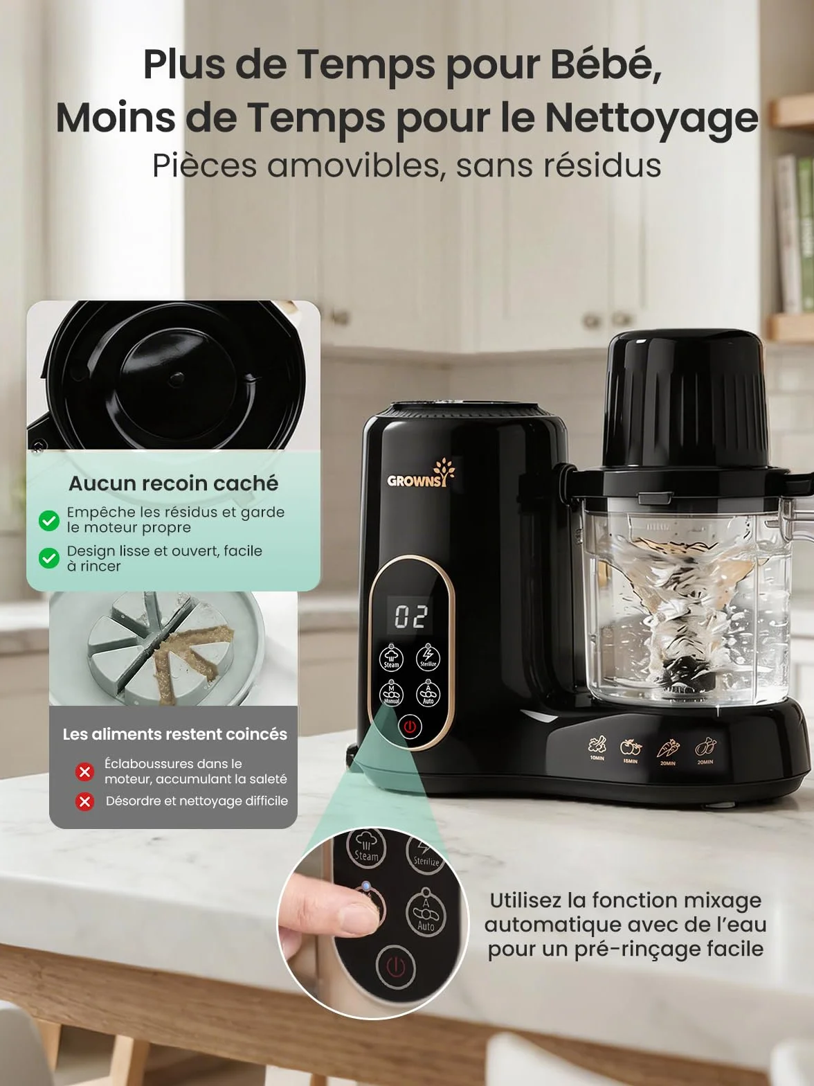 Grownsy Robot Cuiseur Bébé 6-en-1 Cuisson Vapeur Mixeur Stérilisation Réchauffage Décongélation Double Panier Vapeur Sans BPA
