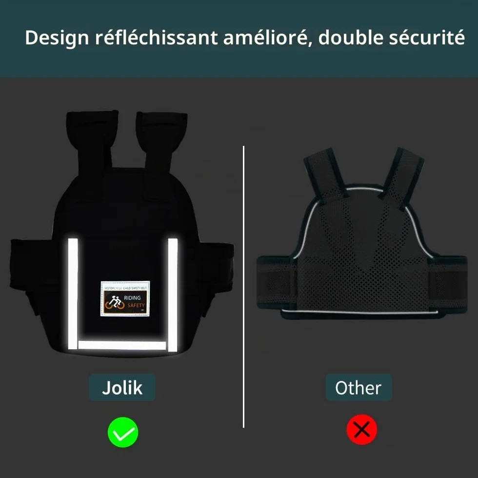 Jolik Harnais Securite Enfant Moto Réglable Ceinture Moto Enfant Poche Matériau Respirant Réfléchissant Noir