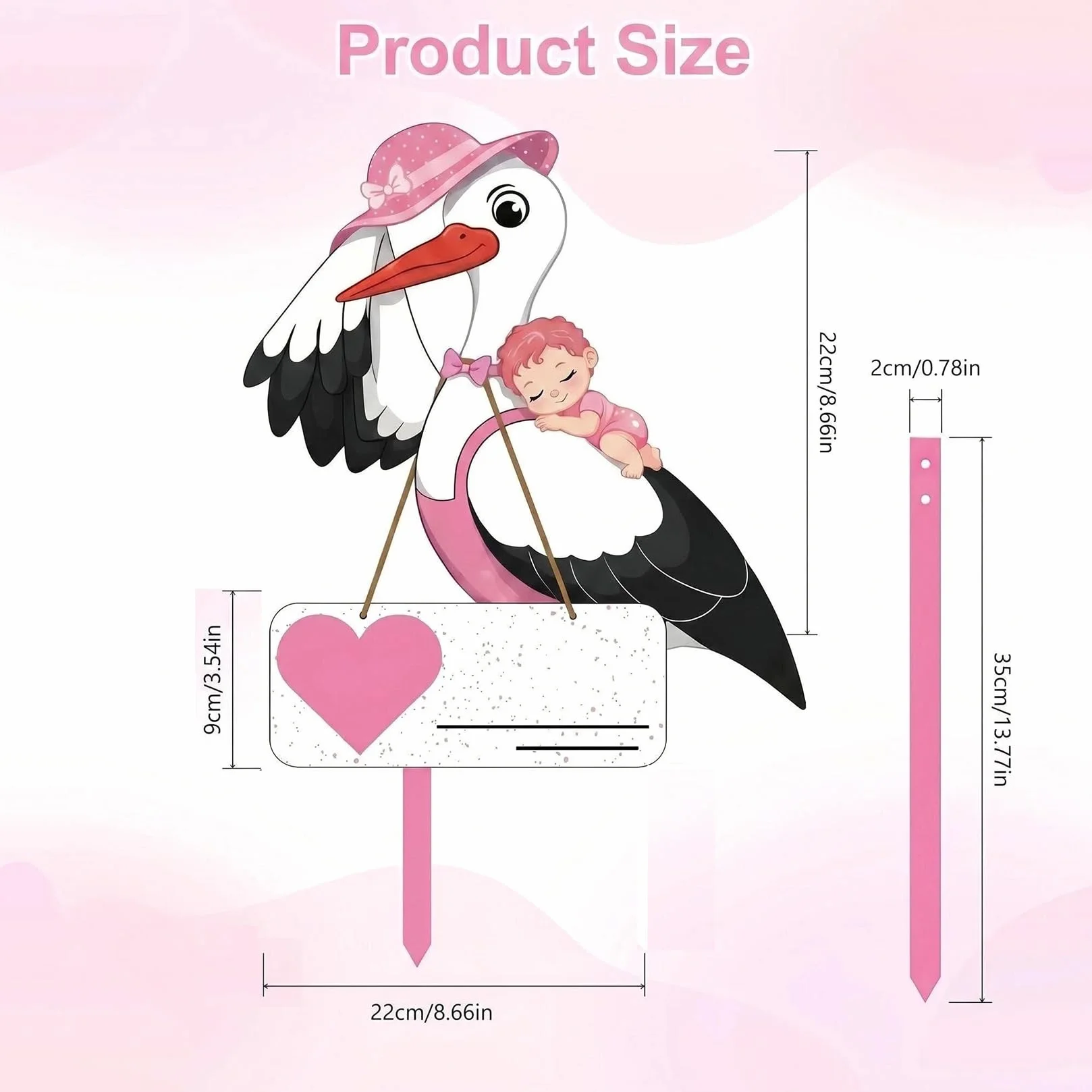 Cigogne à Clapette Naissance Bébé Imprimé Deux Faces Bâton Bois Plaque Nominative Intérieur Extérieur Cadeau (Rose)