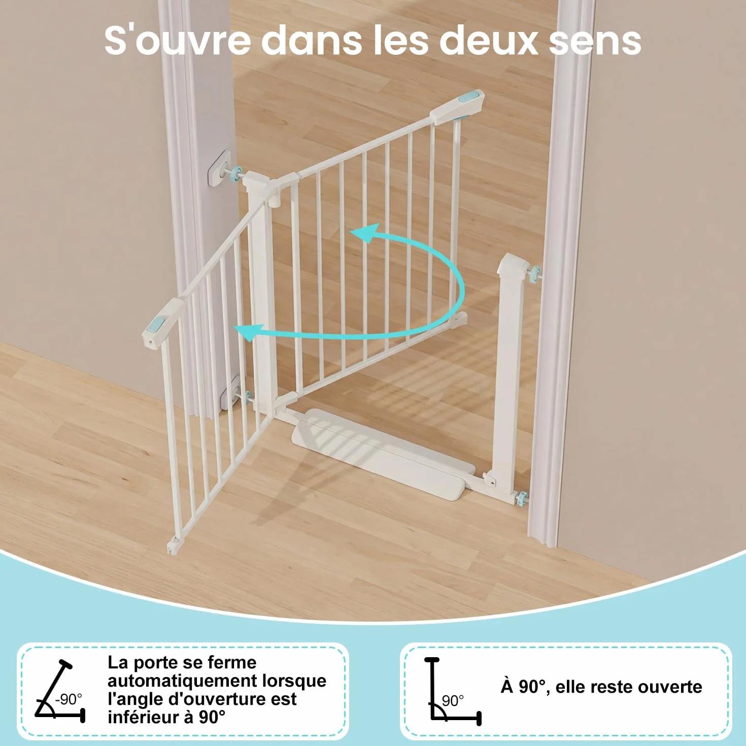YEAUPE PRO Barrière de Sécurité Enfant 74-78 cm, Barrière Escaliers Portes Pression, Double Verrouillage, Blanc