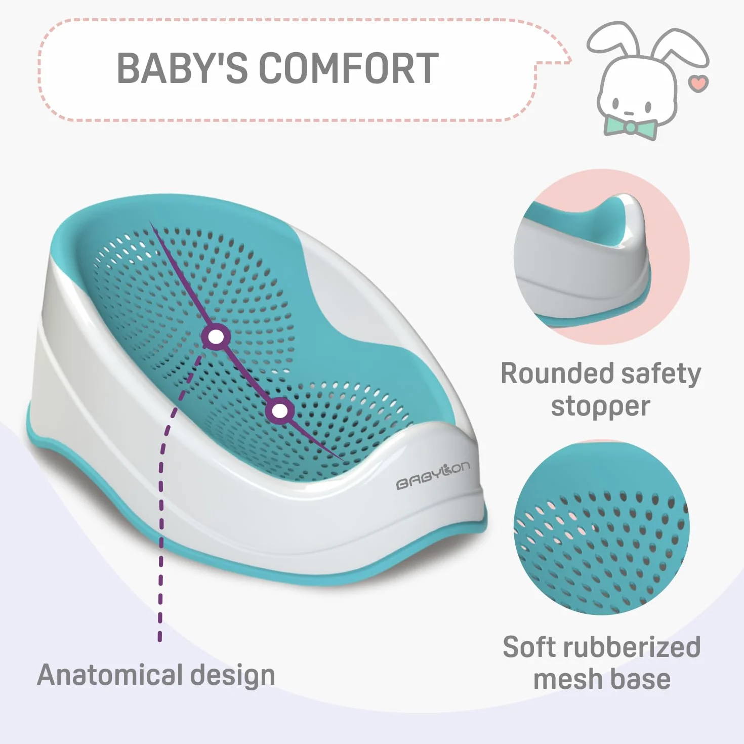 BABYLON DOLPHIN Siège de bain bébé 0-6 mois ergonomique antidérapant baignoire Vert aqua