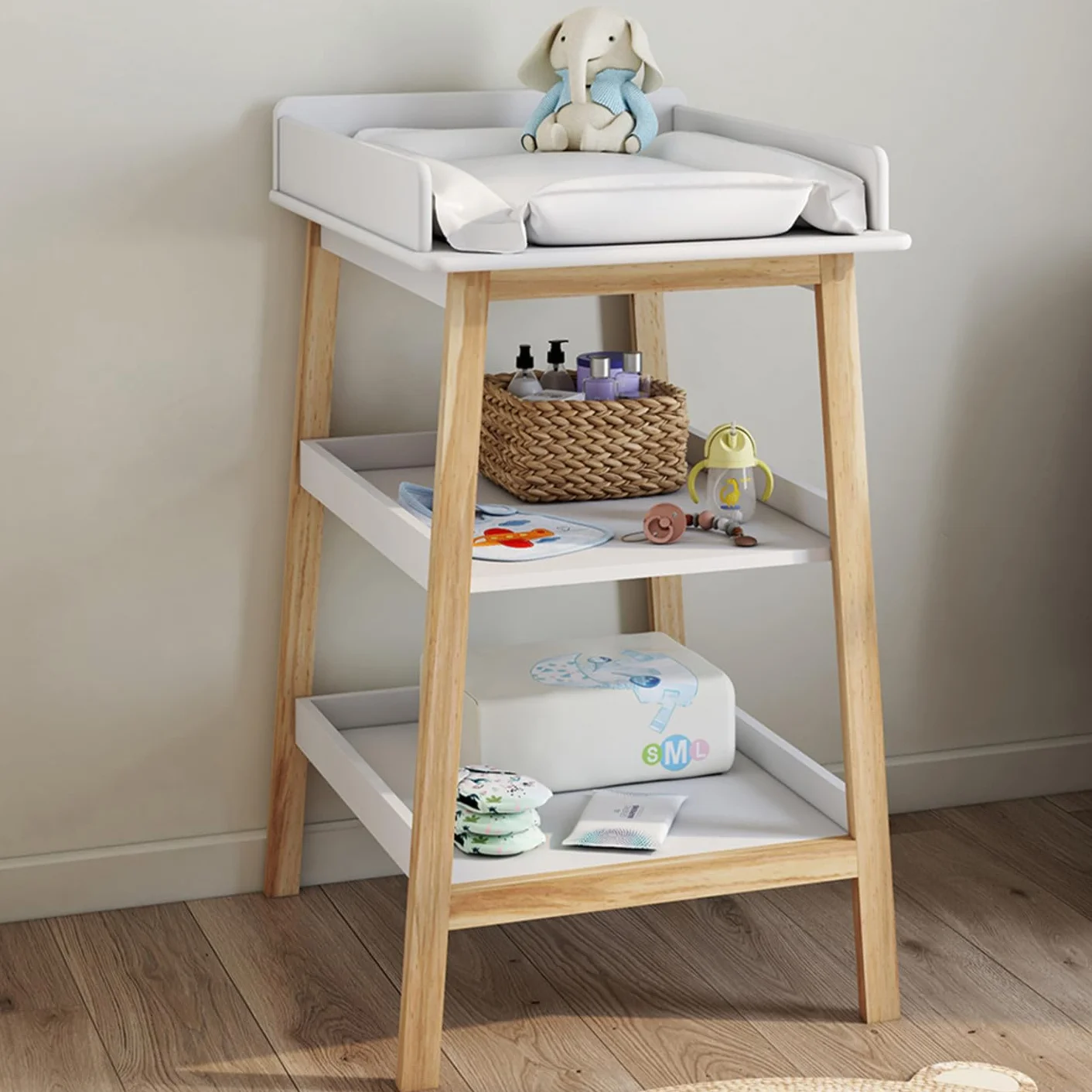 Table à Langer MAHE avec 2 étagères façon hêtre et Blanc