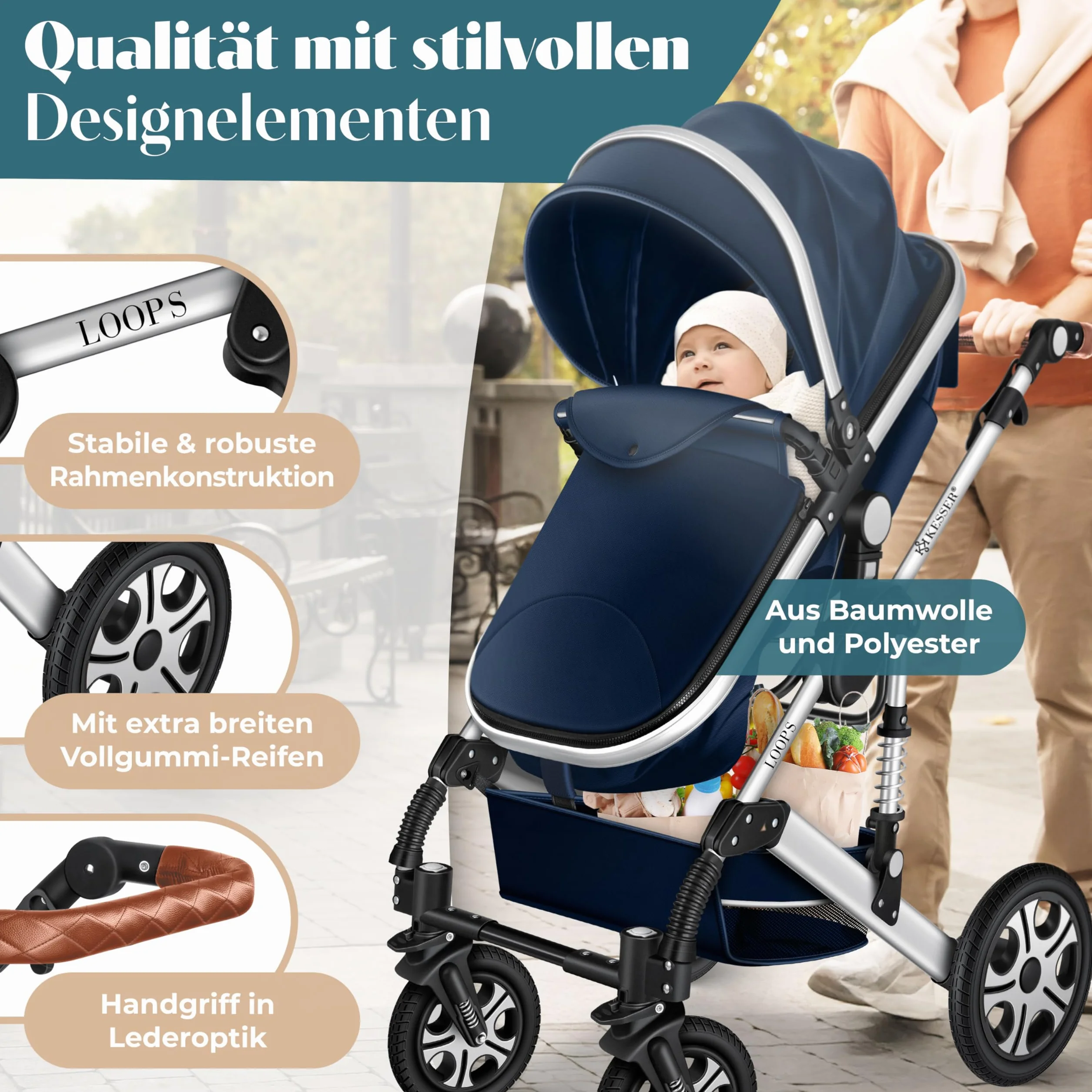 KESSER Ensemble poussette combinée 4 en 1 nacelle siège pneus caoutchouc plein ECE R129 Bleu Argent
