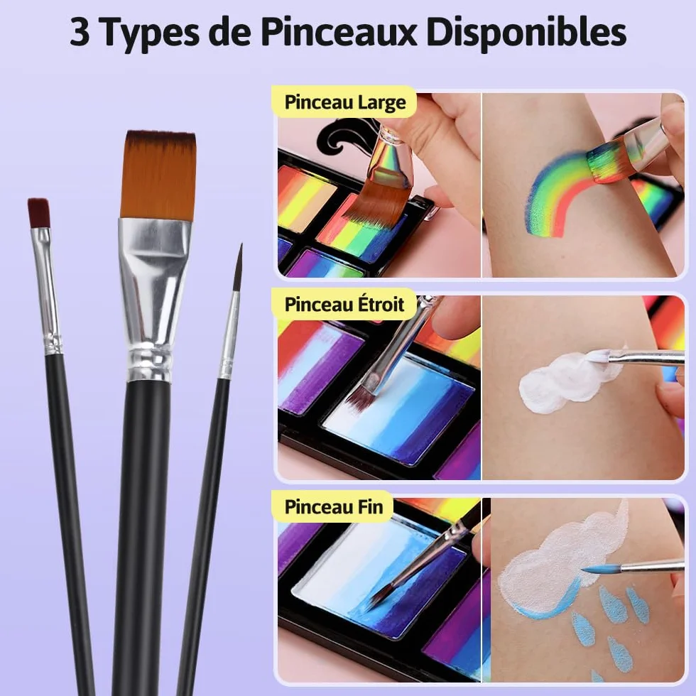 Janolia Palette Maquillage Enfant 34 Couleurs Fluorescents UV Peinture Visage avec 3 Pinceaux Kit Maquillage Carnaval Halloween