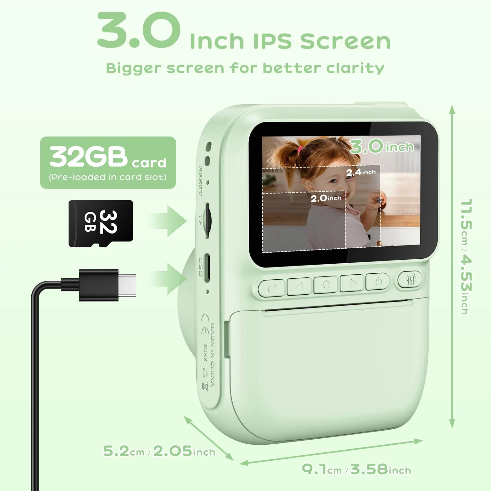 GREENKINDER Appareil Photo Instantané Enfant 3.0" Grand Écran 14 MP avec Carte 32 Go & Papier d'impression