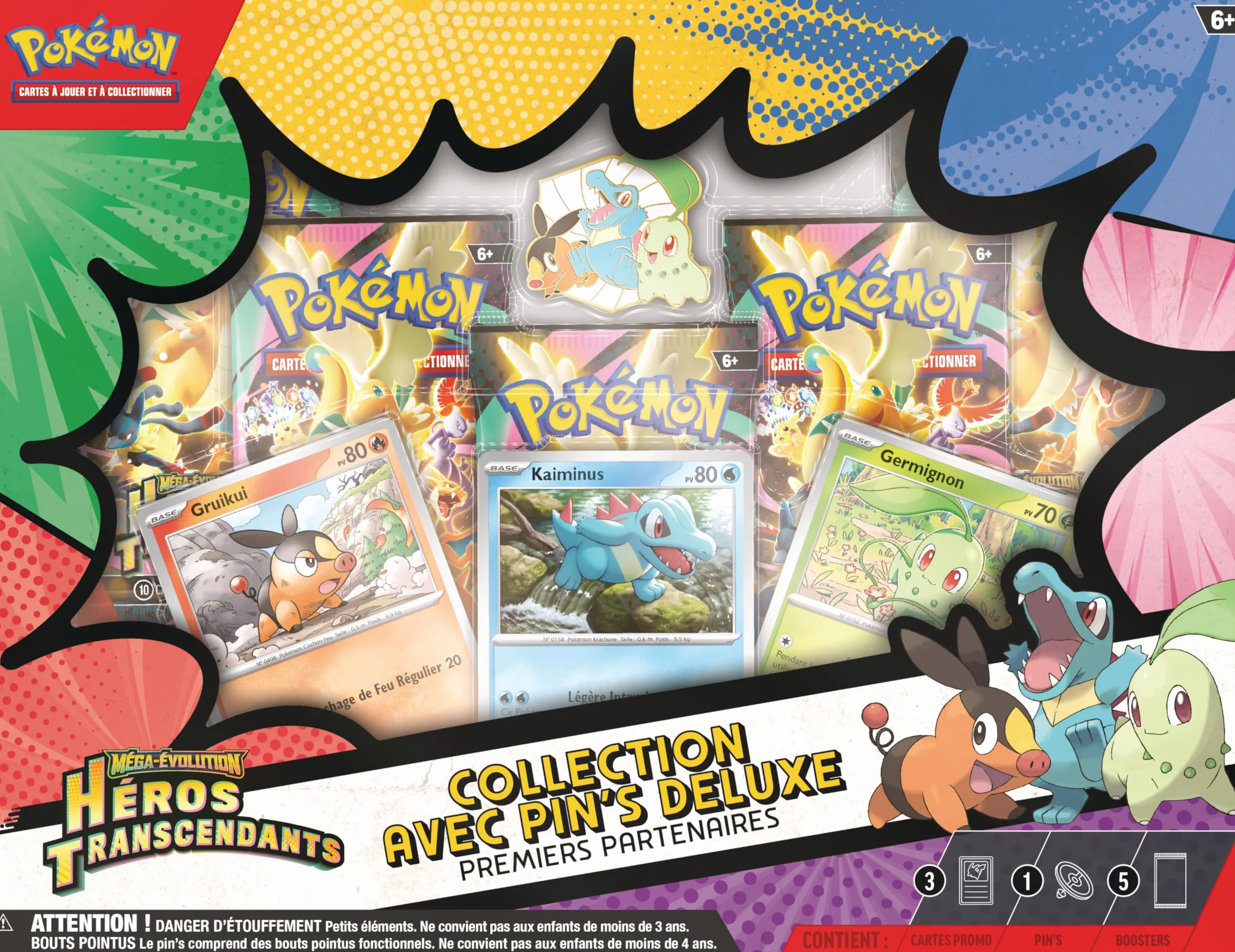 Pokémon Collection Deluxe Premiers Partenaires Méga-Évolution Héros Transcendants 3 Cartes Promo Brillantes 1 Pin's Deluxe 5 Boosters