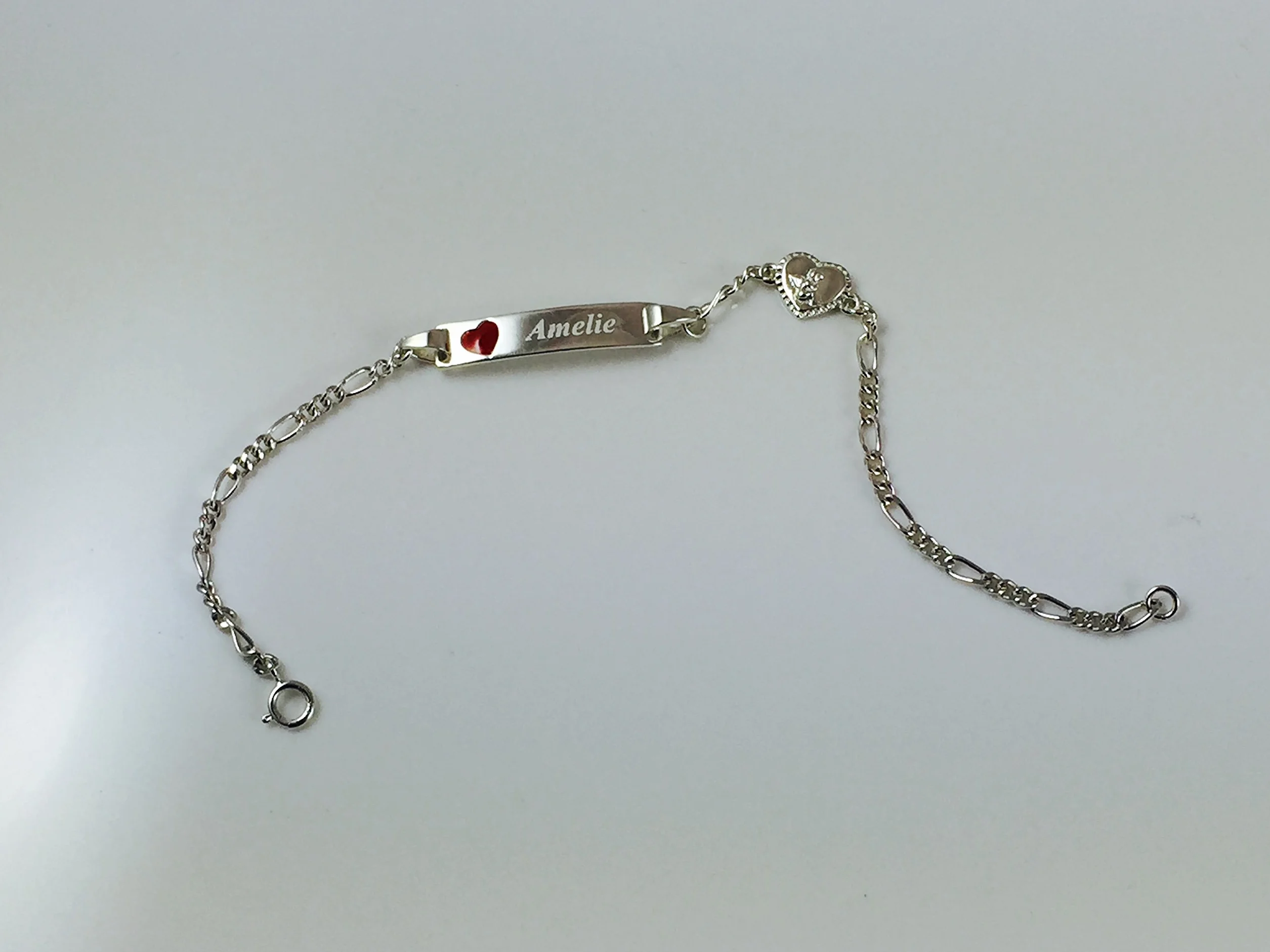 Bracelet gravé nom bébé enfant argent 925 cœur rouge ange 16 cm boîte cadeau