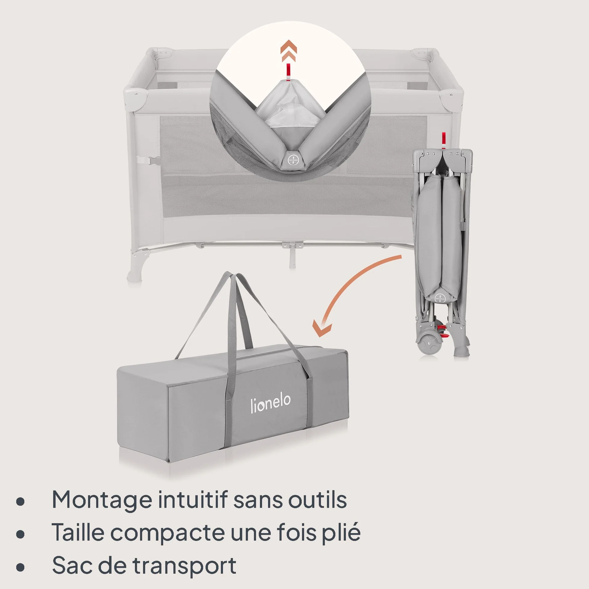 LIONELO ELLEN Lit de Voyage 3 en 1 Cododo 0-3 Ans 15 kg 2 Hauteurs Matelas Gris