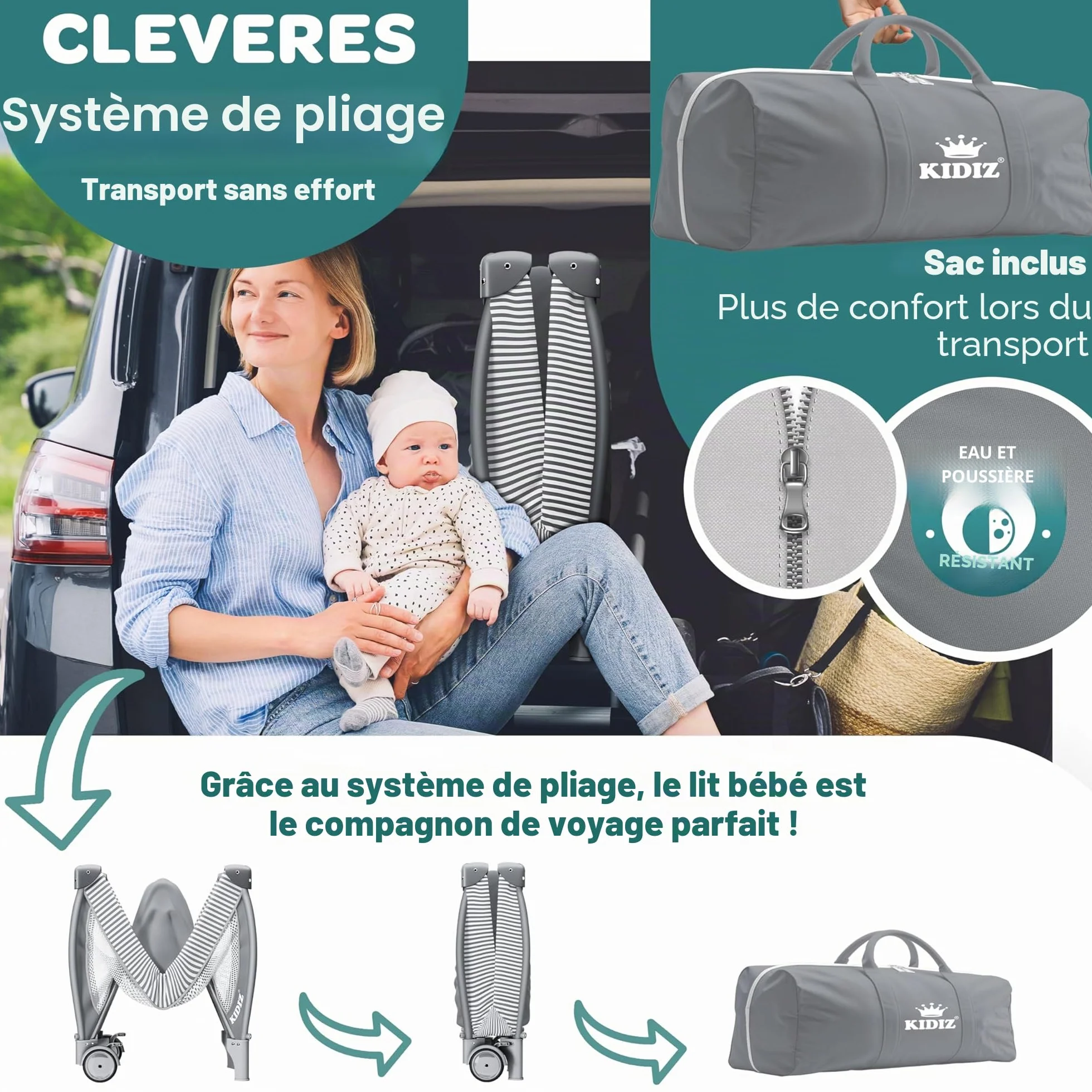 KIDIZ® Lit de Voyage 3 en 1 Parc Pliable avec Matelas à Langer, Moustiquaire, Gris de la Naissance à 15 kg