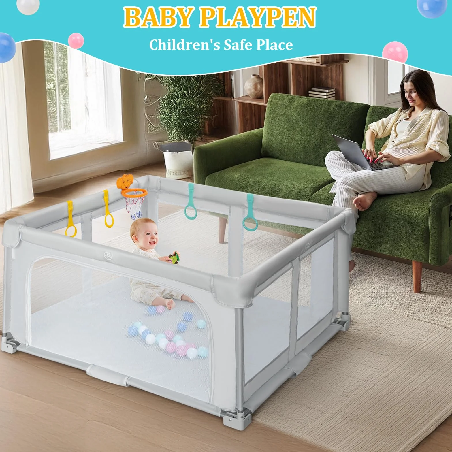 Parc Bebe Pliable 127x127cm Baby Playpen avec Sac de Voyage, 20 Boules Océaniques et 4 Poignées