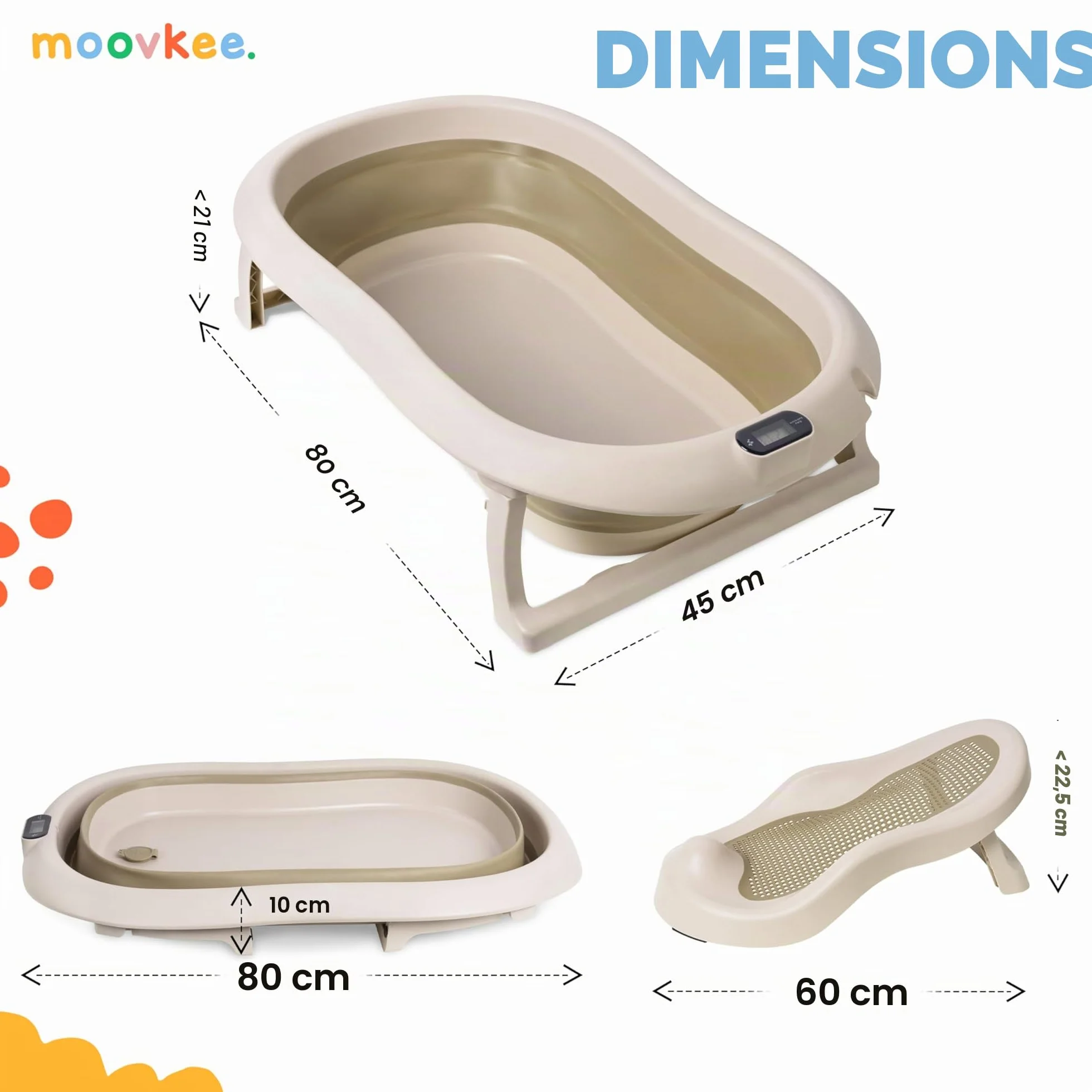 Baignoire bébé pliable 80 cm avec thermomètre et siège de bain antidérapante 0-36 mois