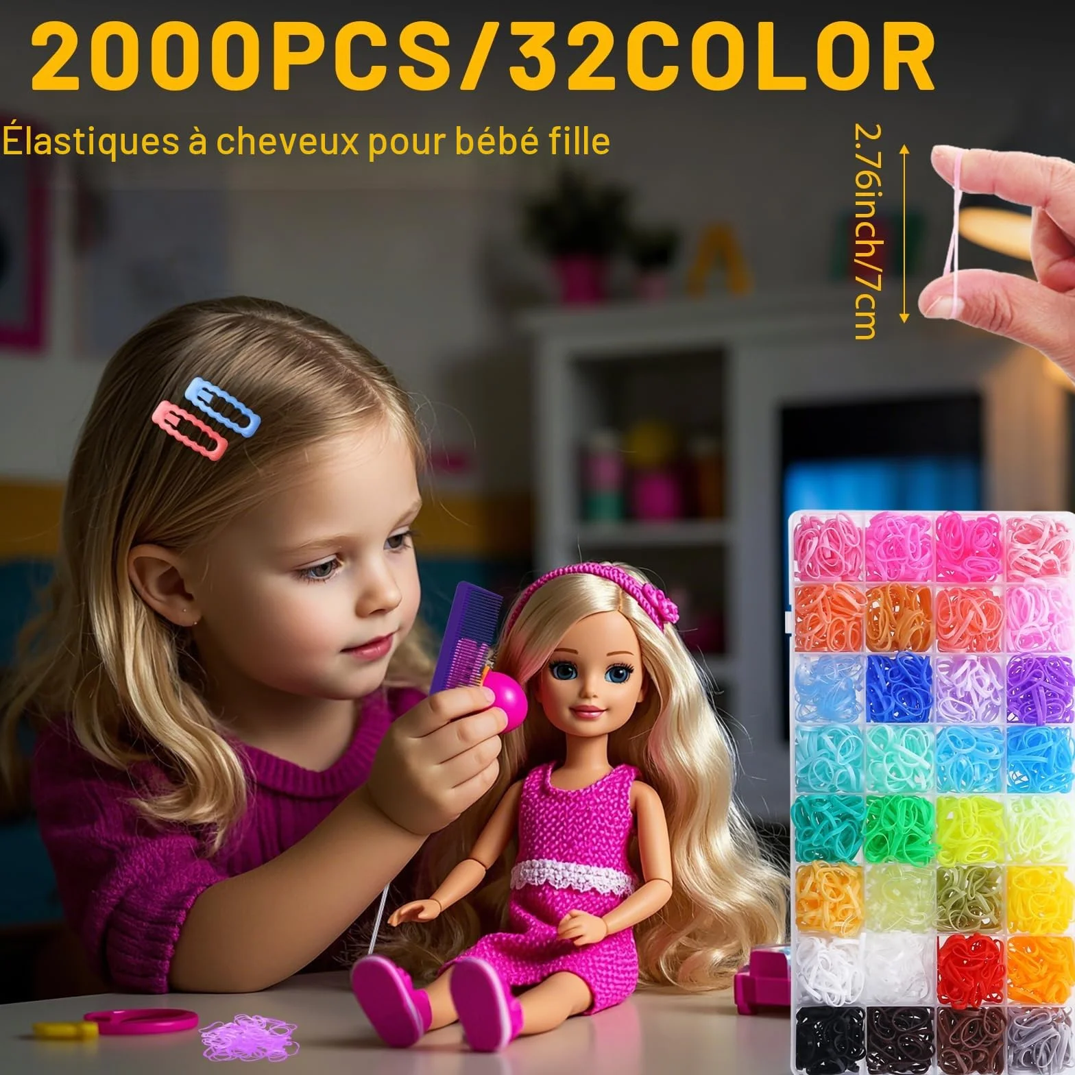 Mini élastiques pour cheveux 32 couleurs – Set coiffage 2000 pièces avec coupeur