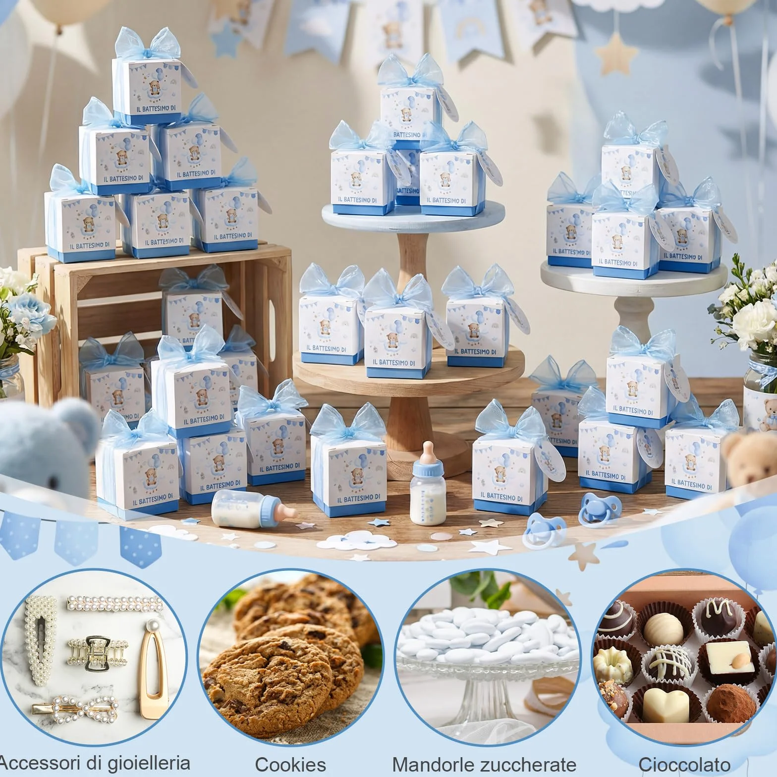 Jadive Boîtes à Dragées Baptême Personnalisables Étiquettes Ruban Cadeau Ours Arc-En-Ciel Bleu clair