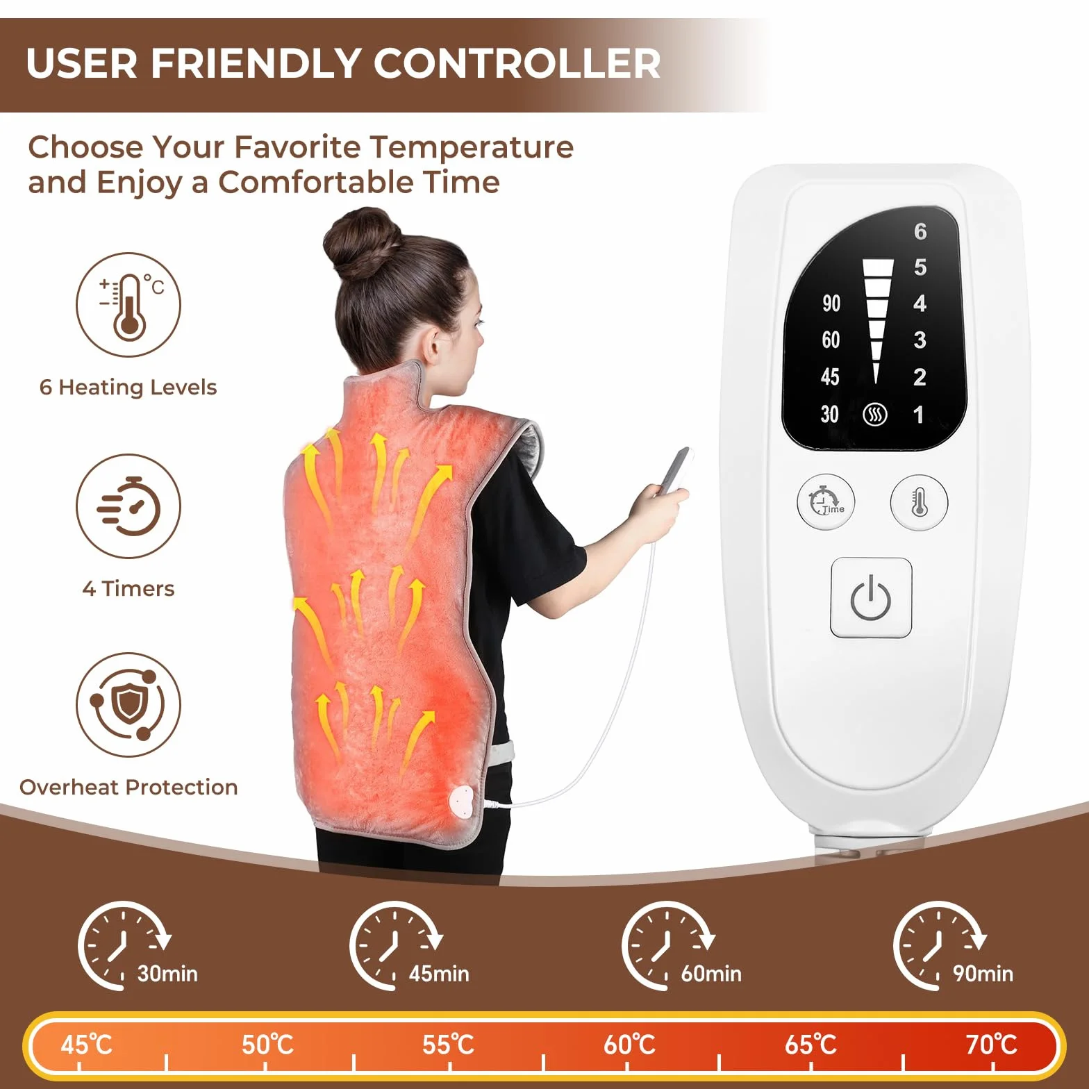 Souvik Coussin Chauffant Dos Électrique Épaule Taille Nuque 6 Modes 4 Minuteries Lavable Machine