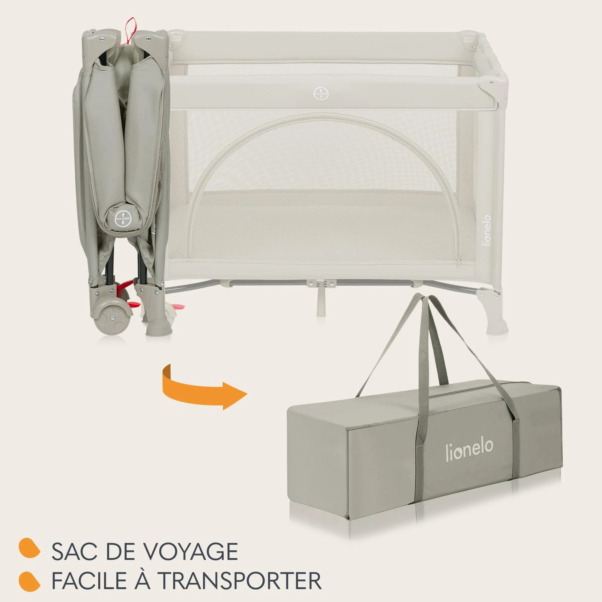 LIONELO LAURA 2en1 Lit de Voyage 15 kg Parc bébé 0-36 mois Matelas Mousse T25 2 Niveaux Hauteur Sac de Voyage Roues Frein Beige