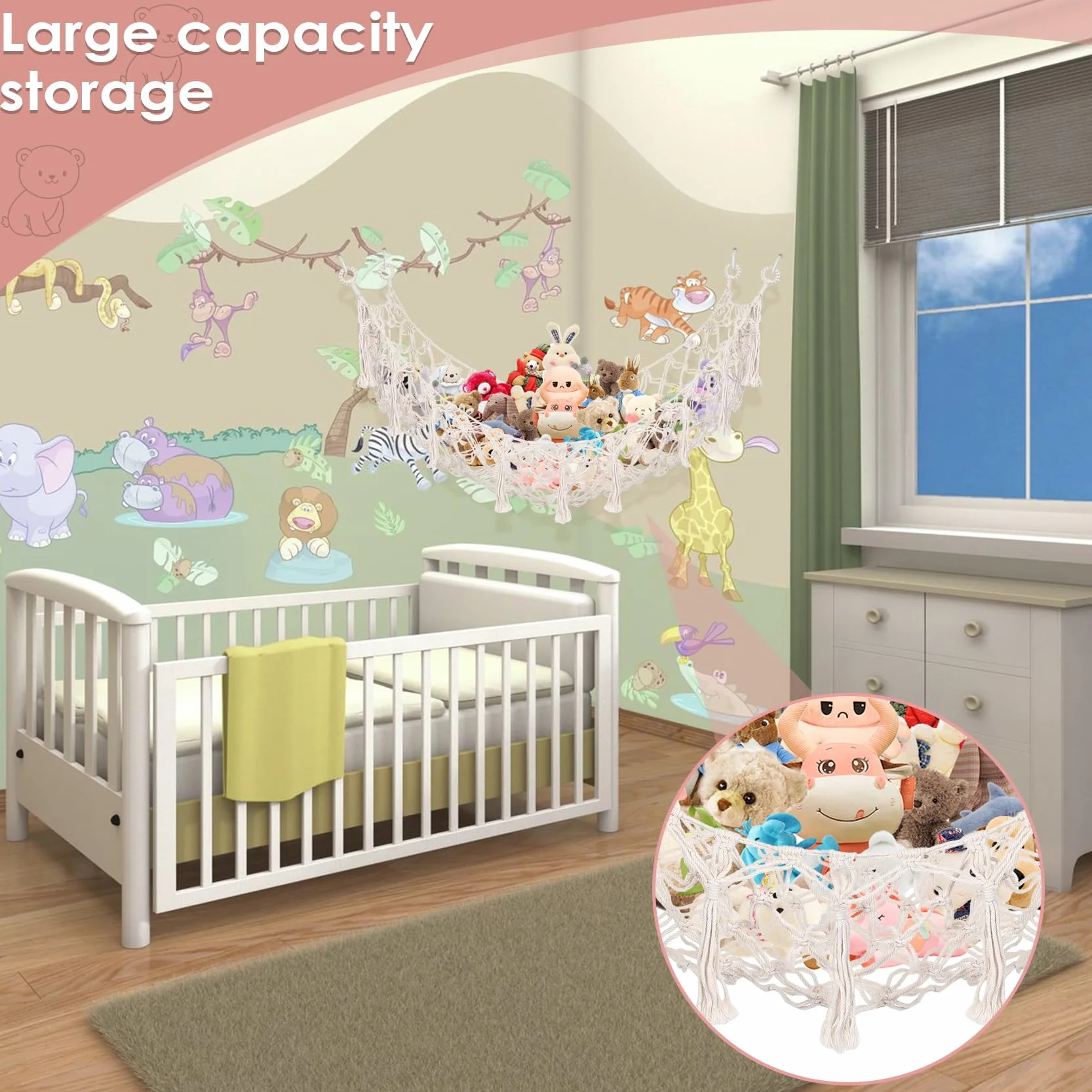 Hamac Carré en Macramé Bohème pour Animaux en Peluche, Filet de Rangement Mural en Coton, Blanc