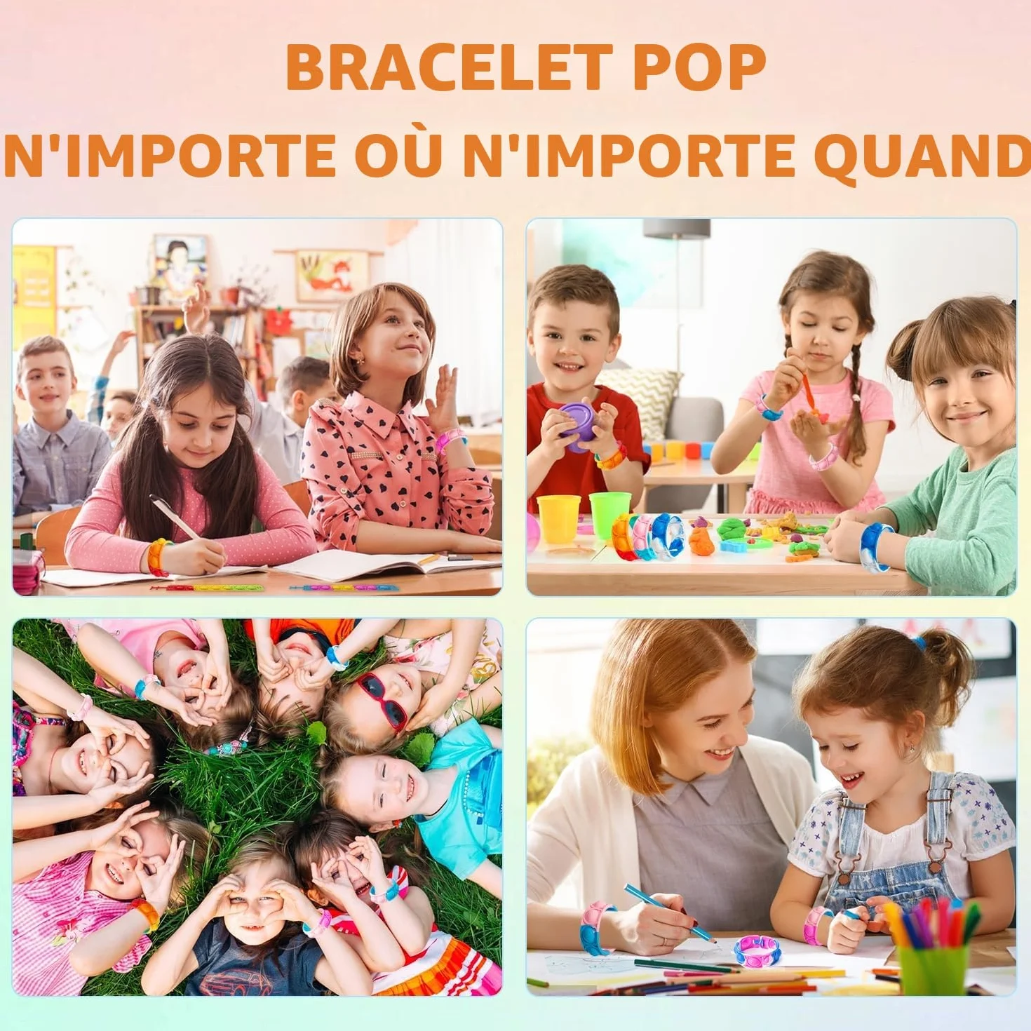 Bracelets Anti Stress Enfants Pop It Fidget Toys en Silicone Doux Réglables