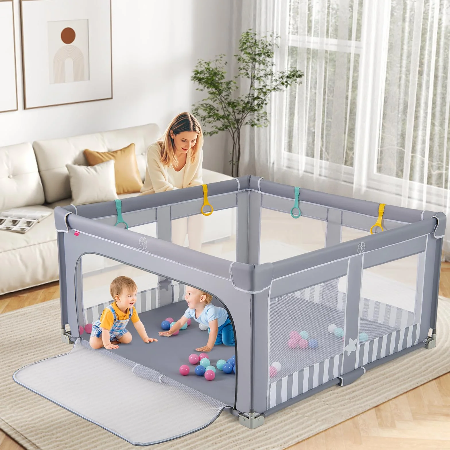 COSTWAY Parc Bébé Pliable 150x150x76,5 cm avec 50 Balles Océaniques, Filet Respirant, Portail Zippé, Gris