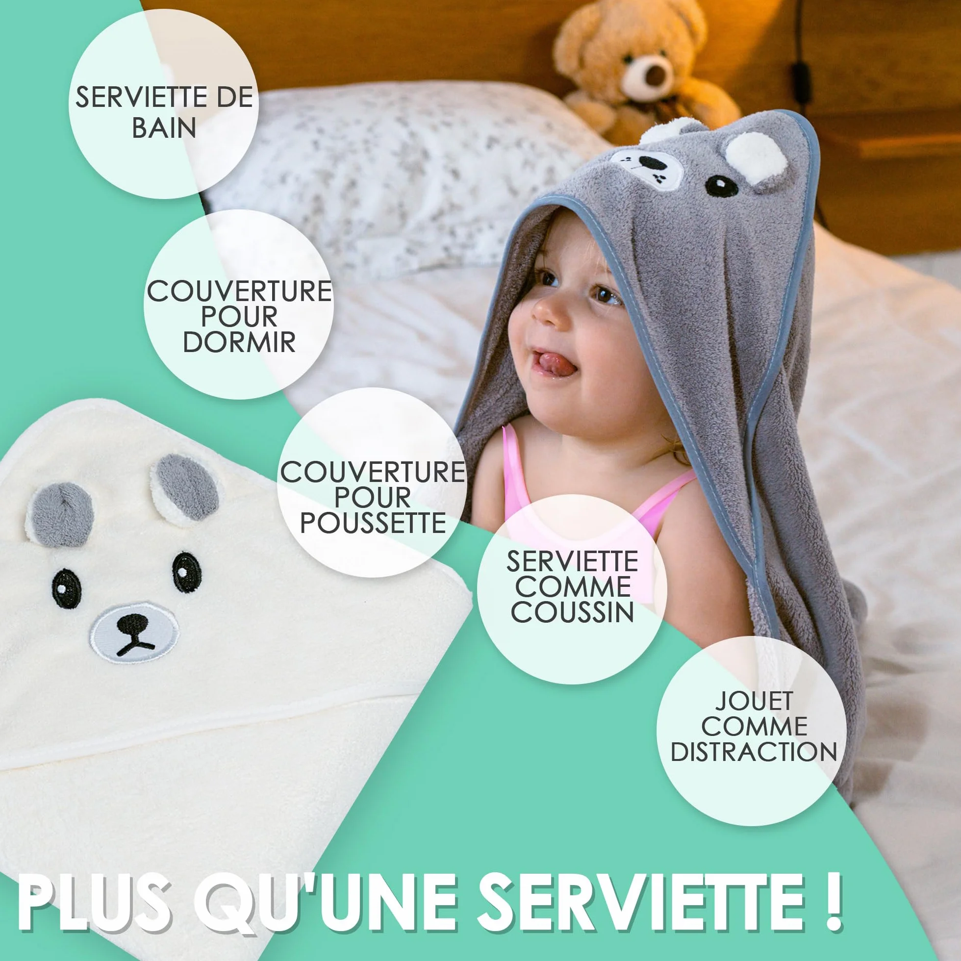 Serviette de Bain Bébé à Capuche Lot de 2 Animaux 0-3 Ans Cadeau Naissance Garçon