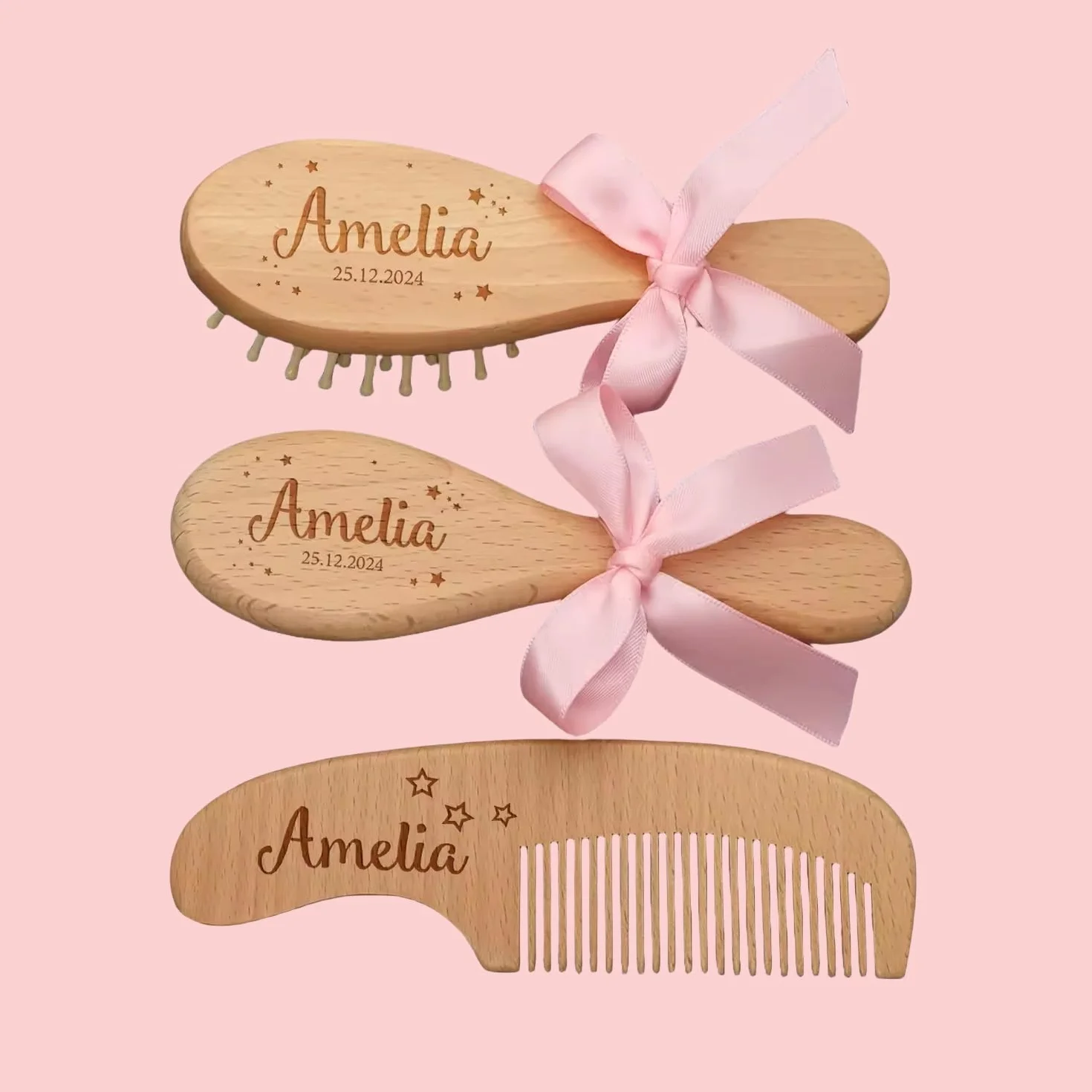 Personnalisé Brosse À Cheveux Et Peigne Pour Bébé Nouveau-né, Souvenir Gravé, Ensemble Pour Filles (Rose)