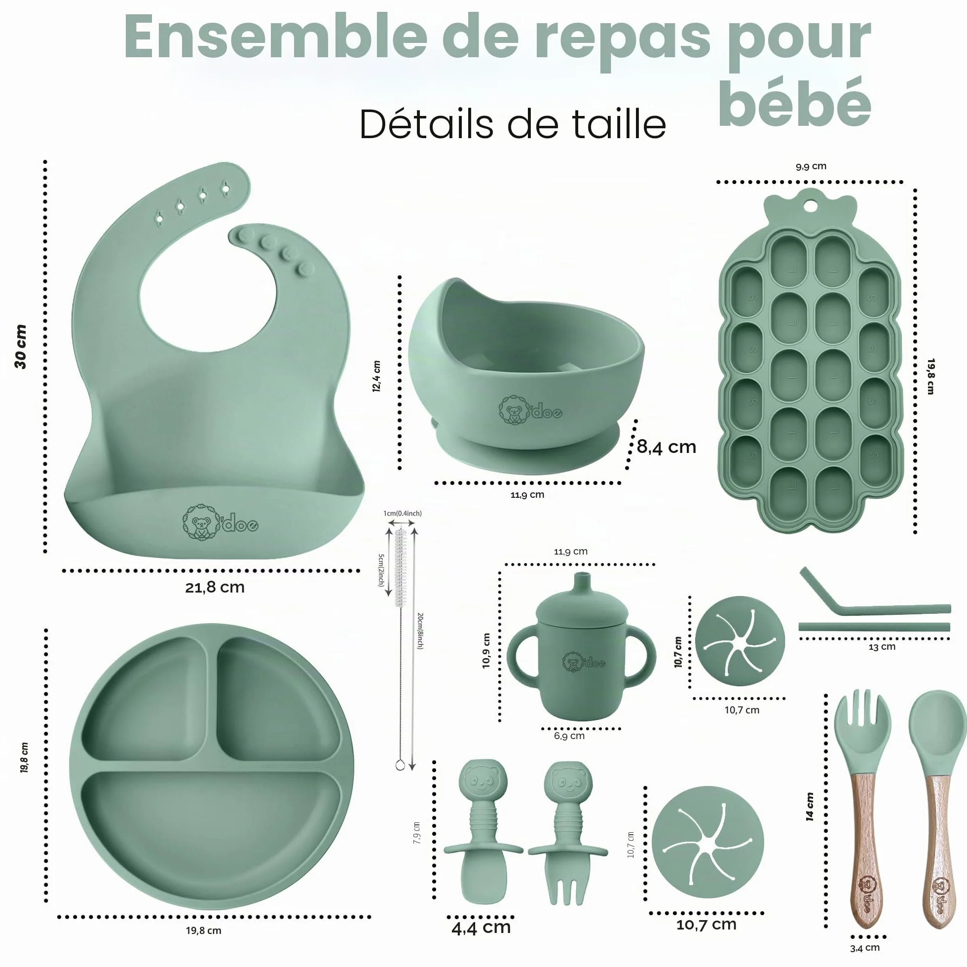 Set Repas Bébé 15 Pièces avec Bol Silicone à Ventouse, Cuillères, Tasses, Bavoirs, Assiettes
