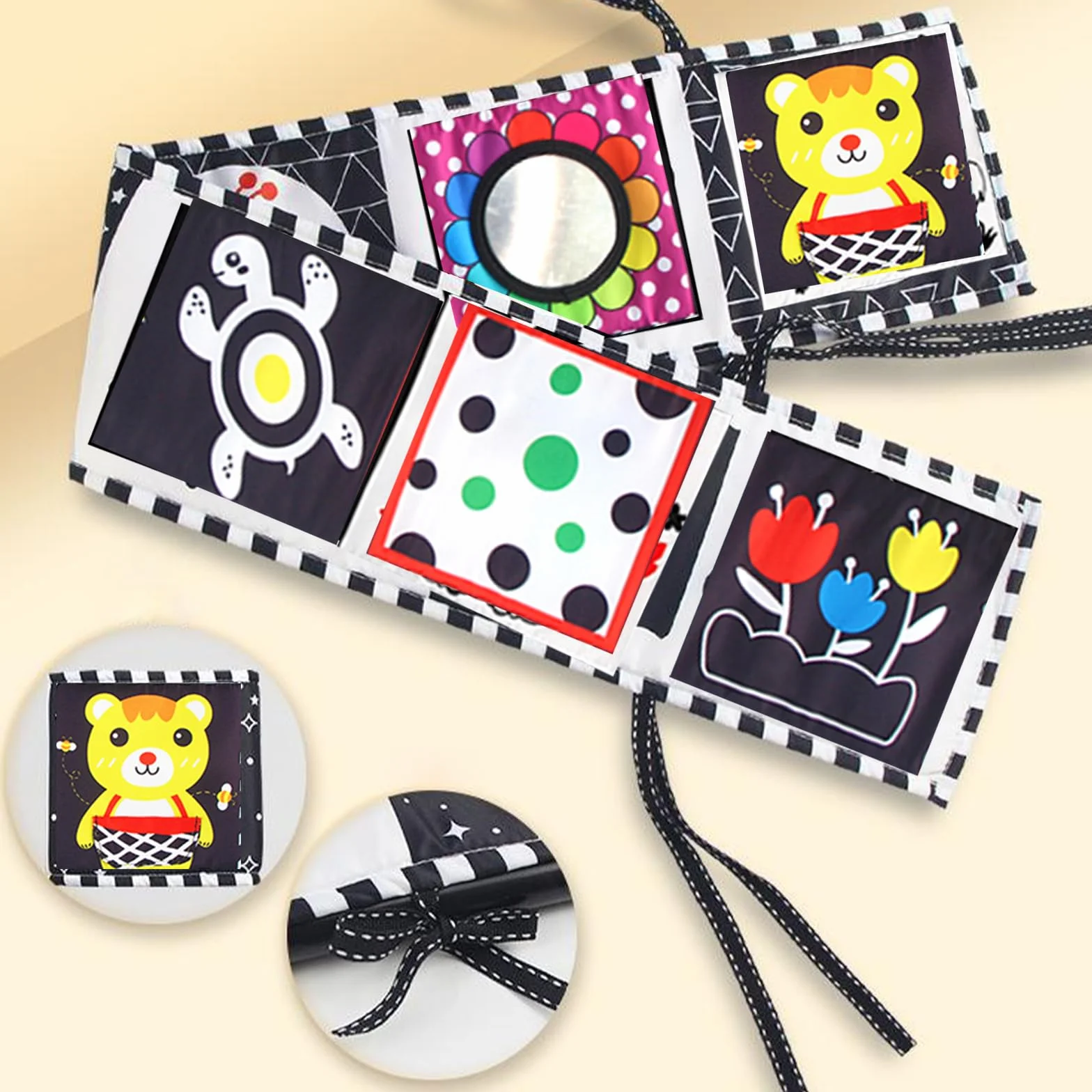 Livre Tissu Bébé 0-3-6 Mois Haute Contraste Sensoriel Noir et Blanc Pliable Réutilisable