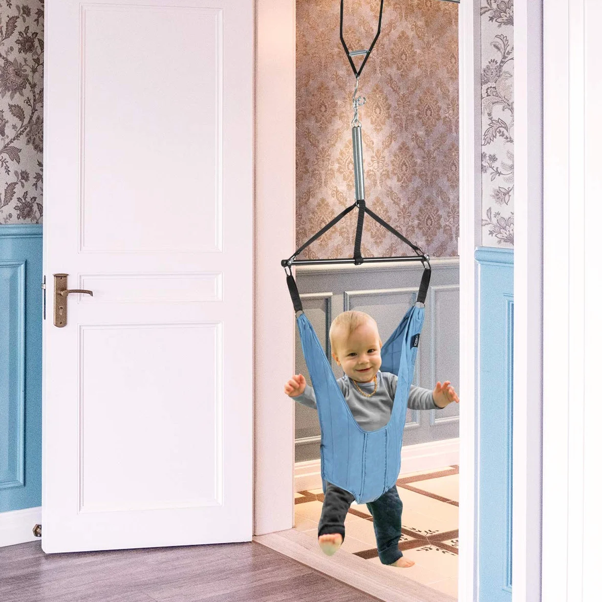 COSTWAY Siège Sauteur Suspendu Bébés 6-12 Mois Chaîne Réglable 29-93CM Tissu TC Tube Fer Charge Max. 12KG Bleu